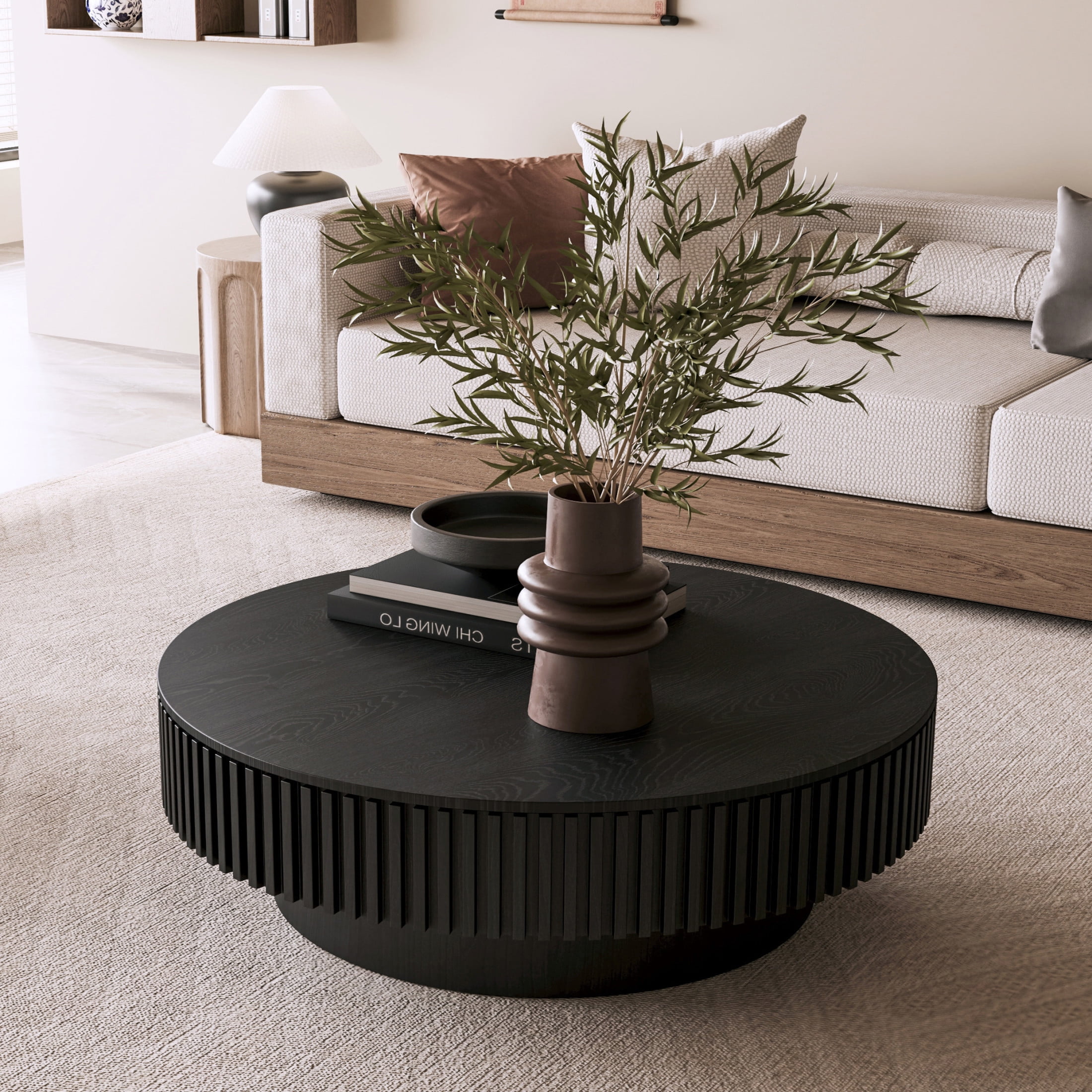 Noble House Leigh 39.3" Round Coffee Table with Hidden Storage, Solid Wood Veneer Fluted Accent Tea Table, Black