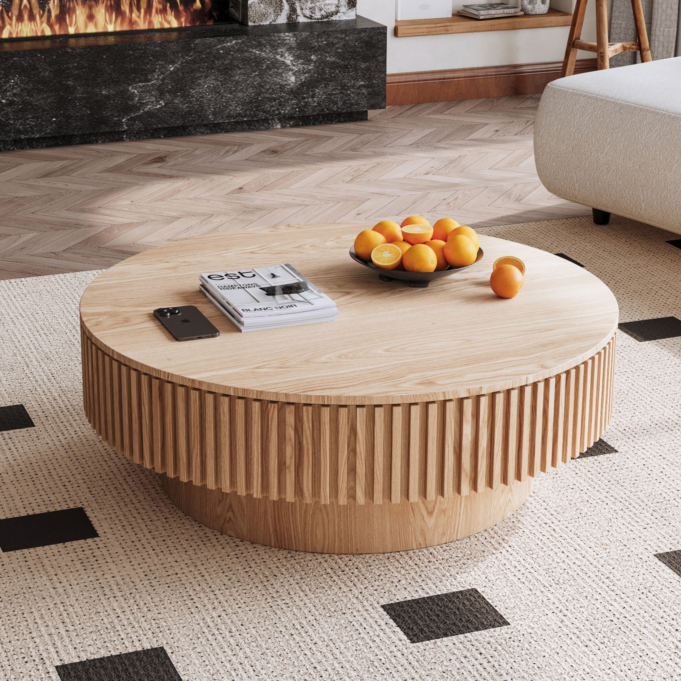 Noble House Leigh 39.3" Round Coffee Table with Hidden Storage, Solid Wood Veneer Fluted Accent Tea Table, Natural
