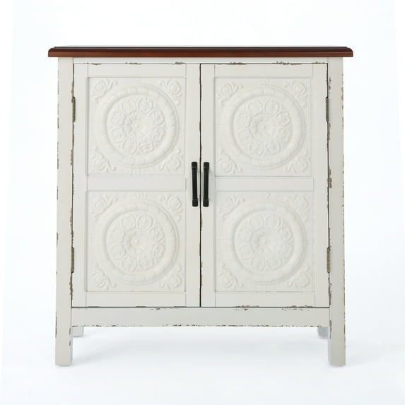 Noble House Leisha Farmhouse Firwood Distressed Cabinet with Carved Panels, White and Brown