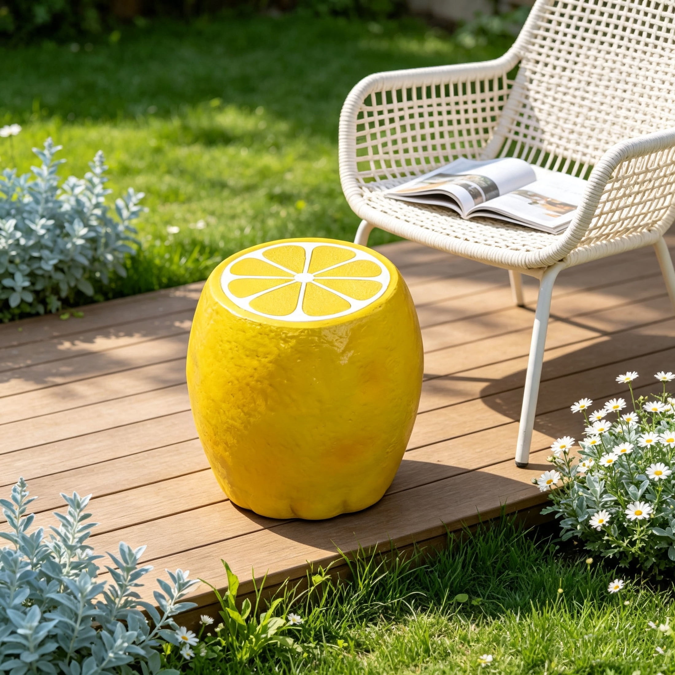 Noble House Lemon Fruit Stool, Cute Fairy Decorative Statue, Outdoor Creative Figurine Seat for Patio, Garden, Yellow