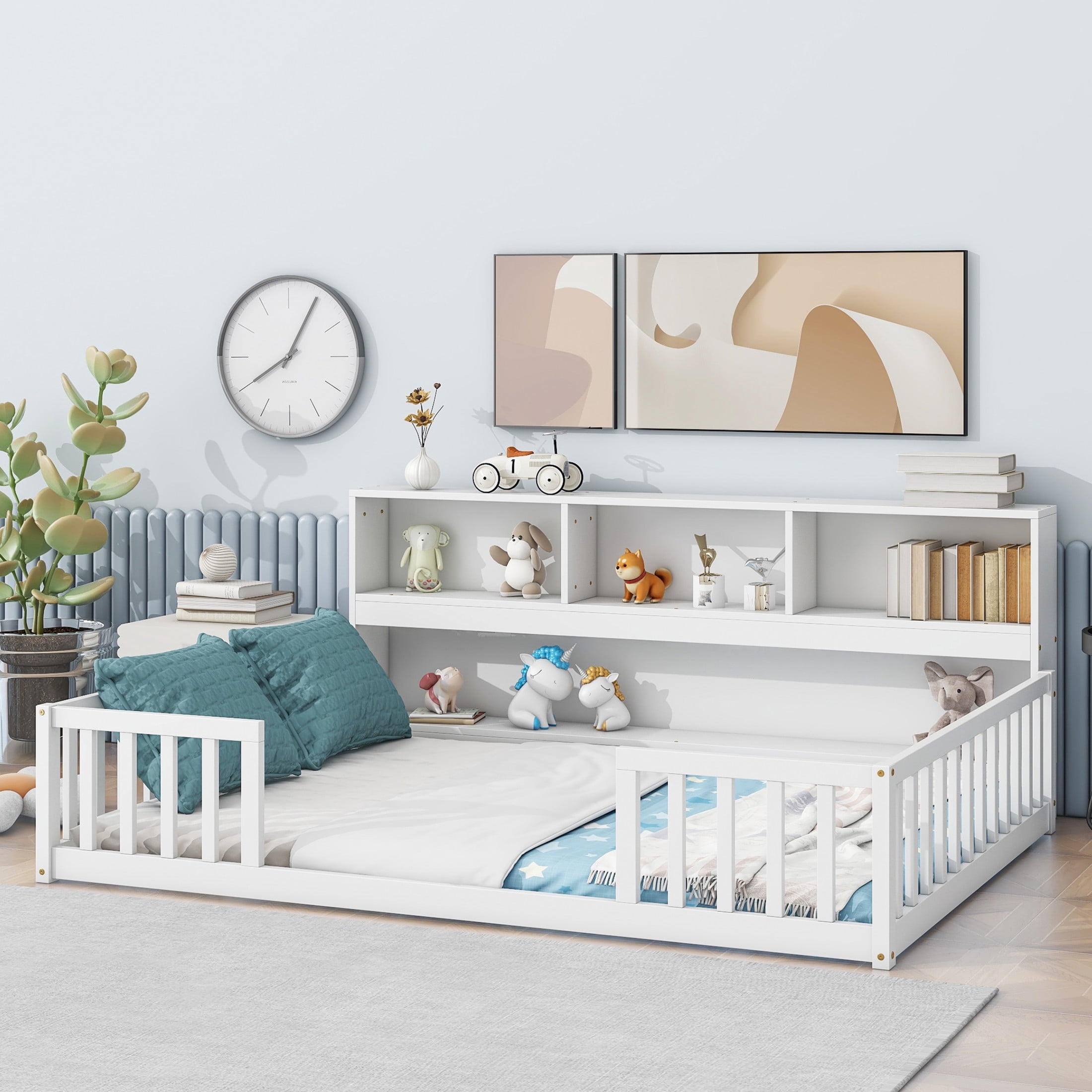 Noble House Lester Full Size Floor Bed, Pine Wood Frame with Side Bookcase, Shelves, and Guardrails for Kids, White
