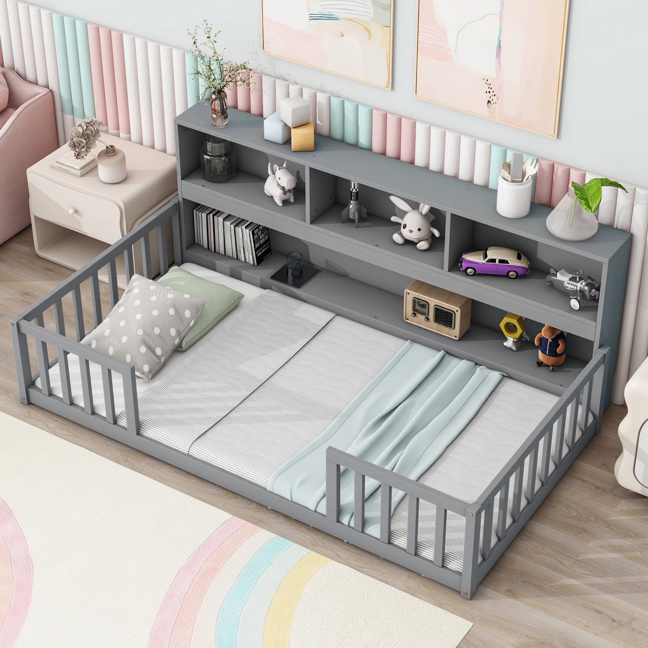 Noble House Lester Twin Size Floor Bed, Pine Wood Frame with Side Bookcase, Shelves, and Guardrails for Kids, Grey