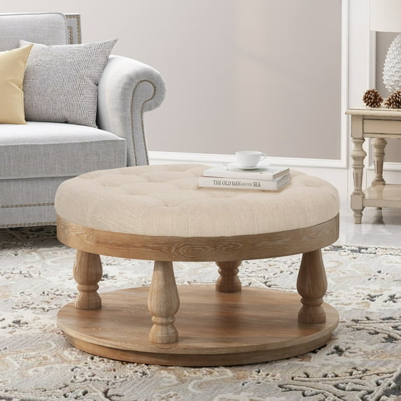 Noble House Levana Fabric and Wood Ottoman, Beige, Weathered