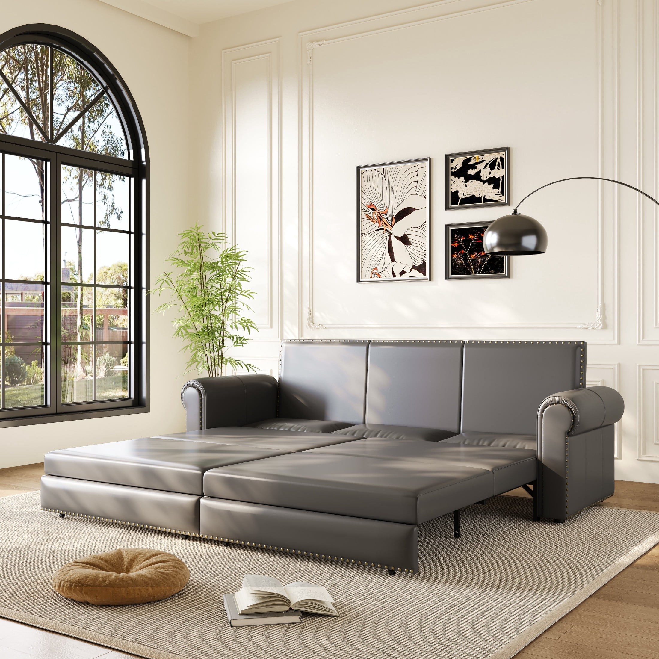 Noble House Lexair Faux Leather Chesterfield Pull Out Sofa Bed, 3-in-1 King Sleeper Couch with Rolled Arm, Grey