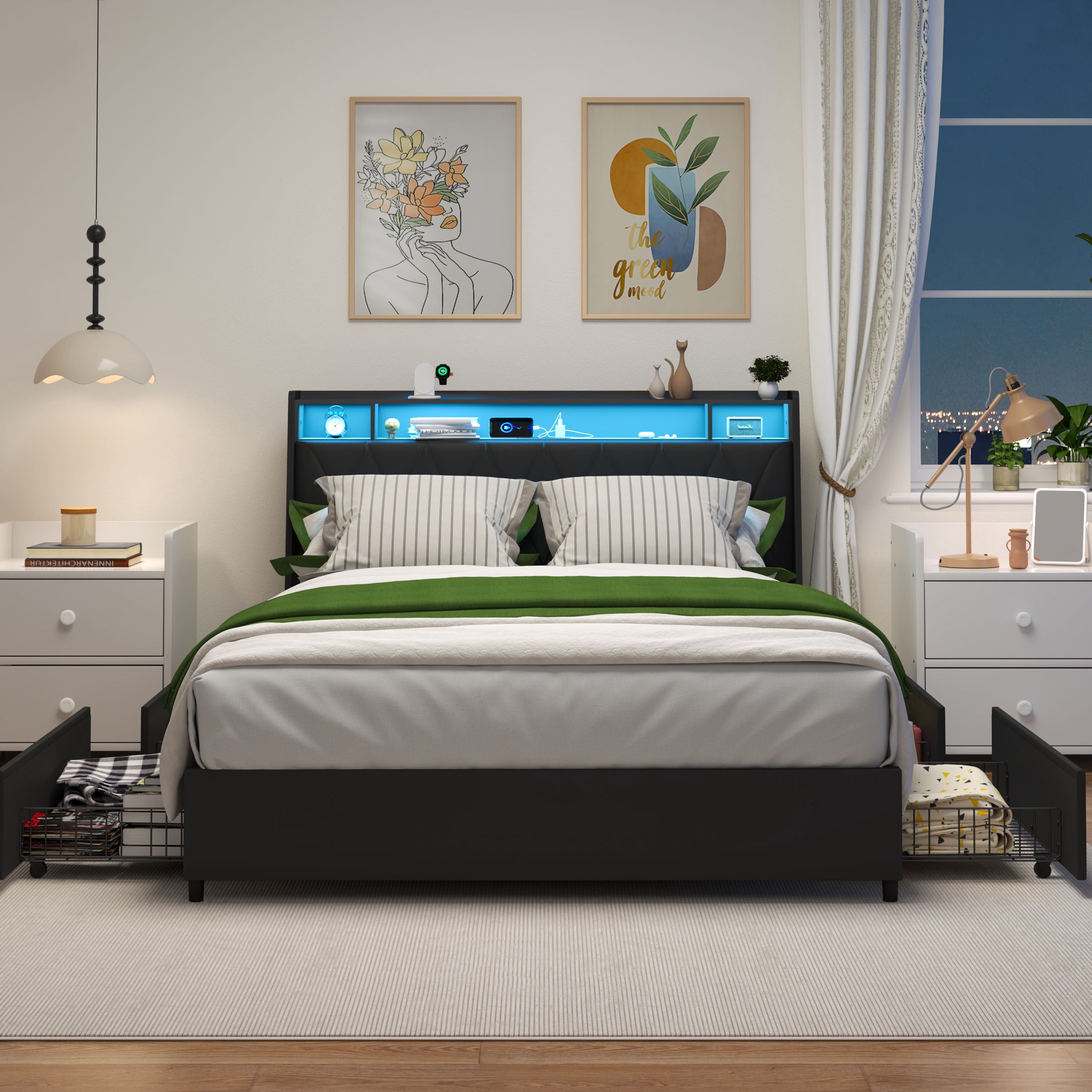 Noble House Lexair Full Platform Bed Frame with Ergonomic Headboard, Outlets, LED Light & Storage Shelf, Black