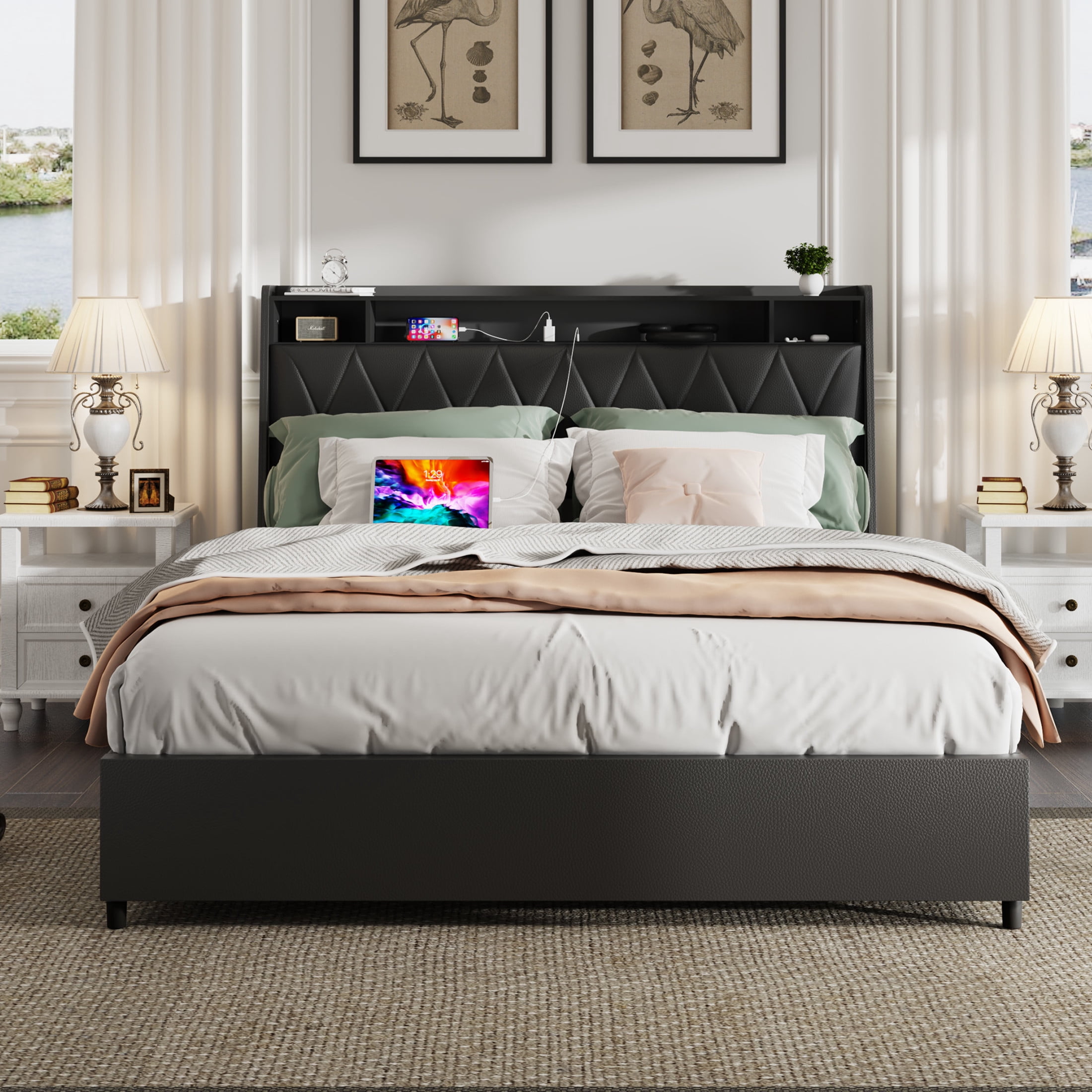 Noble House Lexair Full Size Bed Frame with Ergonomic Headboard, Built-in Outlets & Charger, Storage Shelf, Black