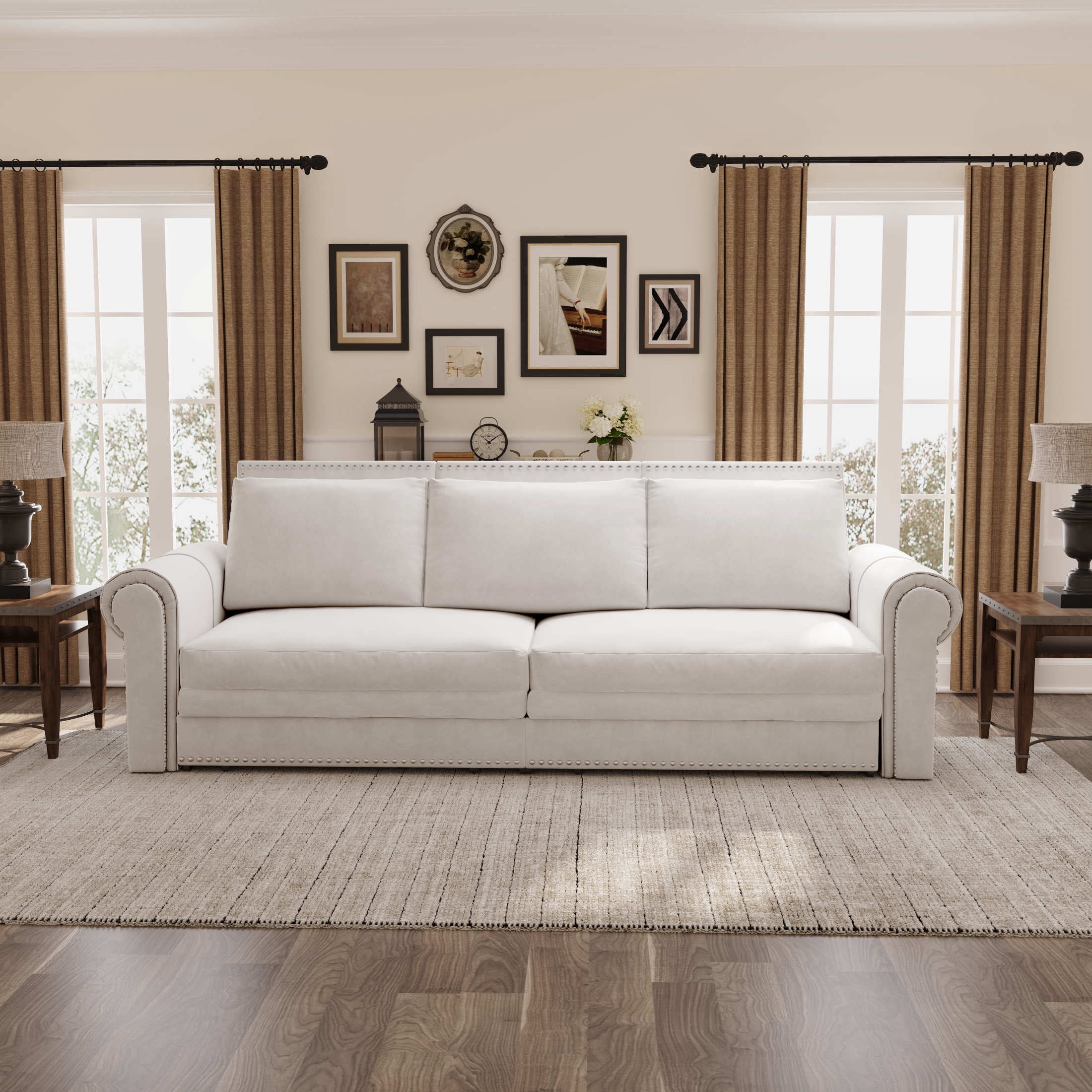 Noble House Lexair Velvet Chesterfield Pull Out Sofa Bed, 3-in-1 King Sleeper Couch with Nailheads & Rolled Arm, Beige White
