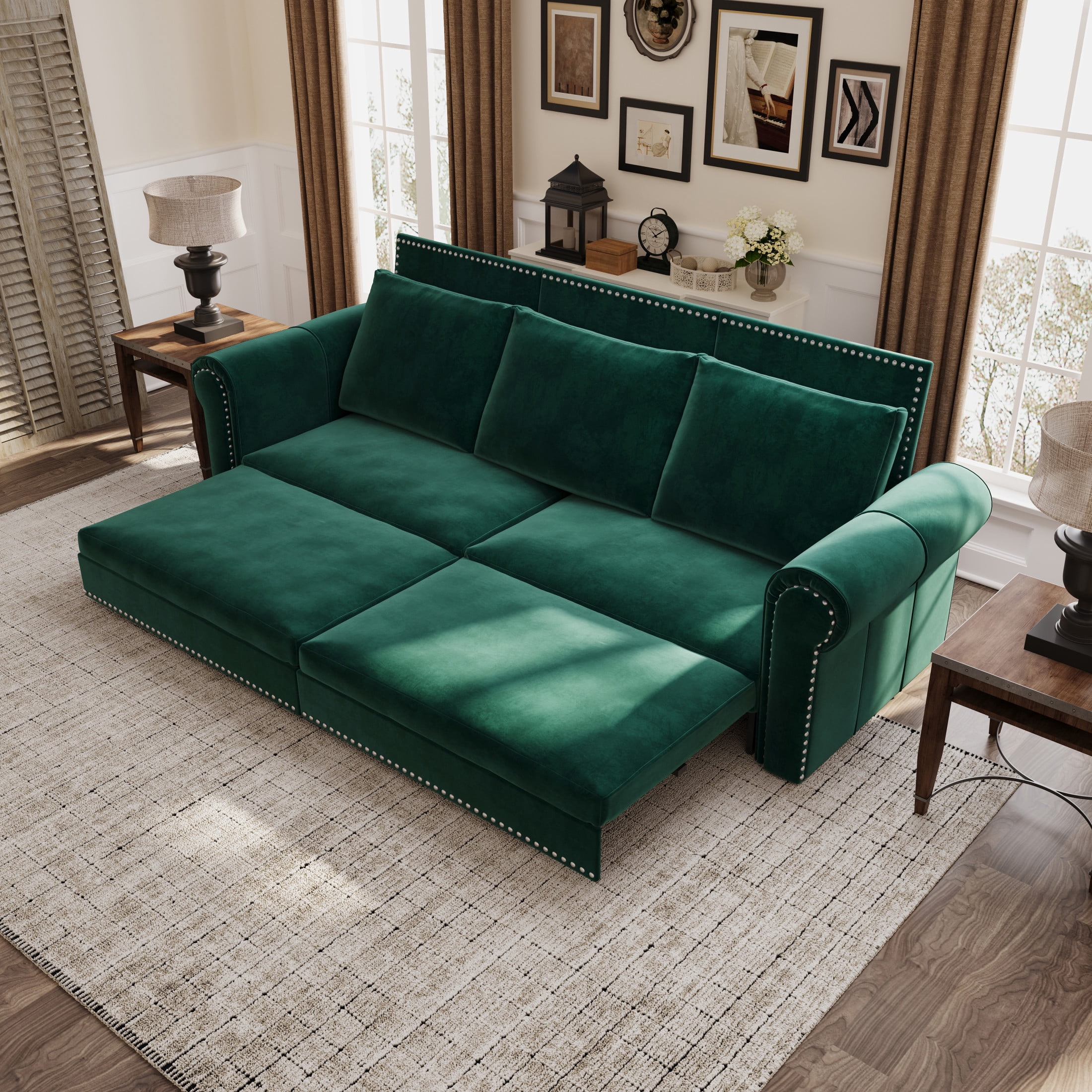 Noble House Lexair Velvet Chesterfield Pull Out Sofa Bed, 3-in-1 King Sleeper Couch with Nailheads & Rolled Arm, Green