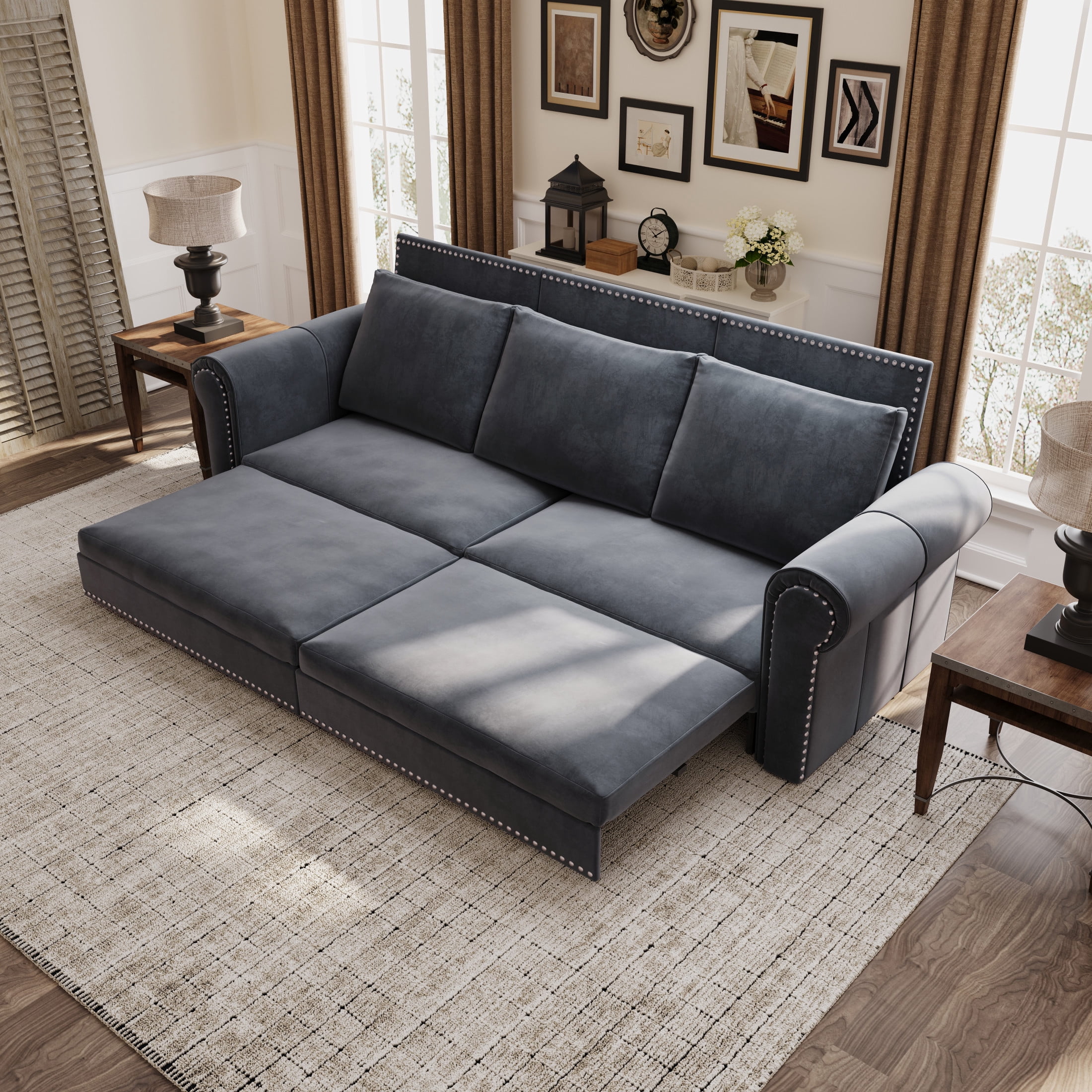 Noble House Lexair Velvet Chesterfield Pull Out Sofa Bed, 3-in-1 King Sleeper Couch with Nailheads & Rolled Arm, Grey