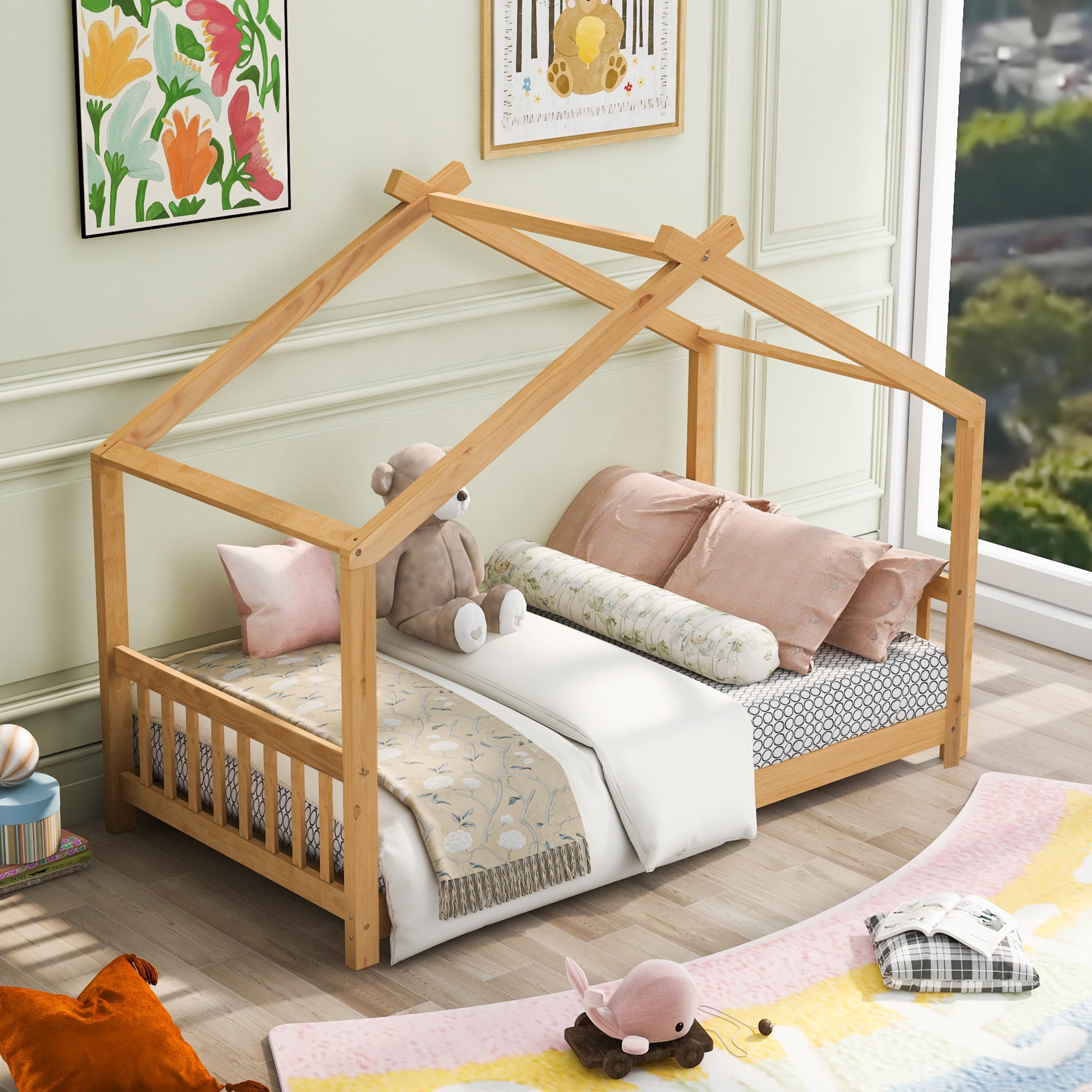Noble House Lexie Twin White House Bed, Playful Roof Design Kids Platform Bed, Solid Pine Wood, Oak