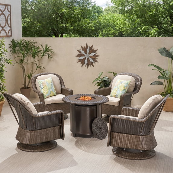 Noble House Liam Outdoor 4 Seater Wicker Swivel Chair and Fire Pit Set Brown