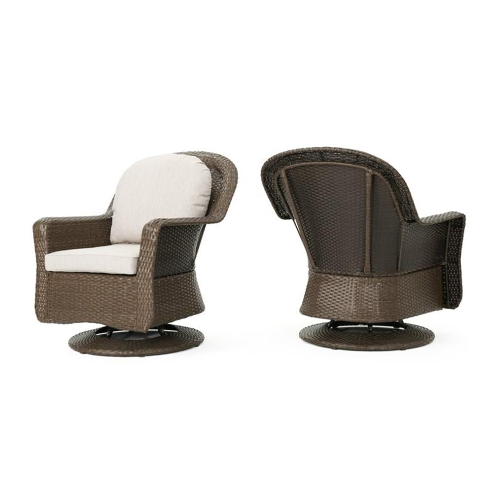Brown Iron-Framed Wicker Swivel Lounge Chairs with Gray Cushions