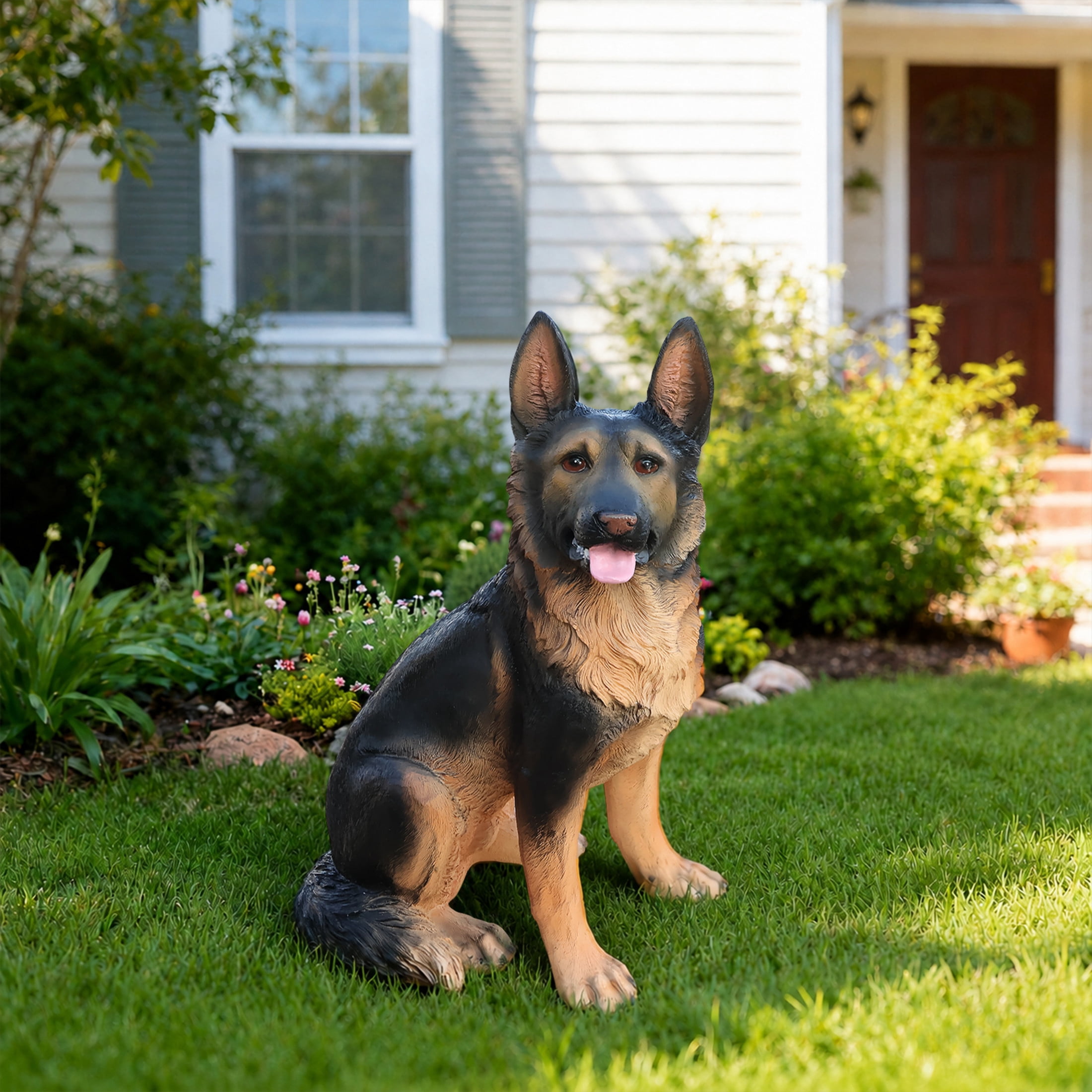 Noble House Lifelike German Shepherd Statue, Realistic Resin Animal Figurine for Outdoor Garden Decor, Black Brown