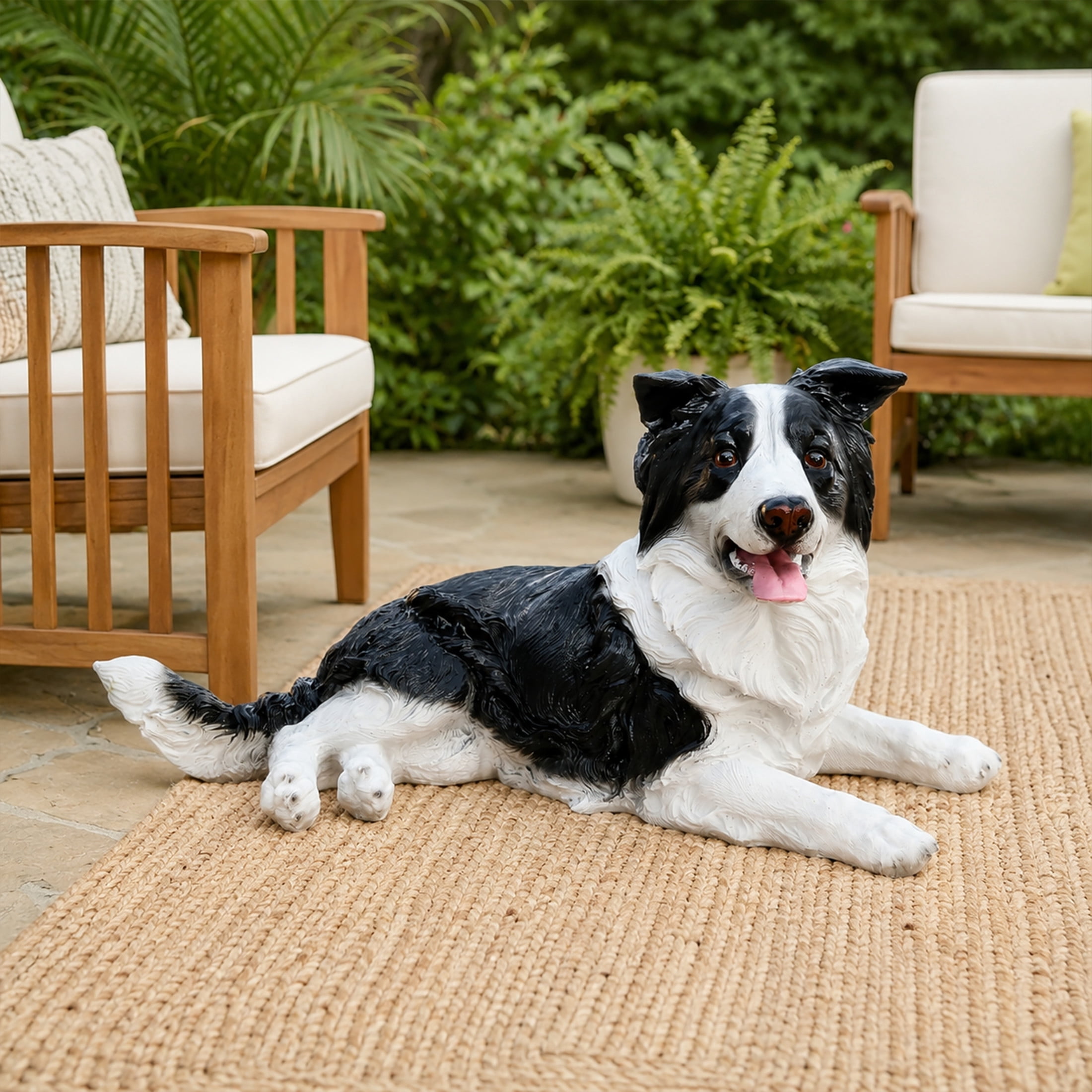 Noble House Lifelike Lying Border Collie Statue, Realistic Resin Animal Figurine for Outdoor Garden Decor, Black White