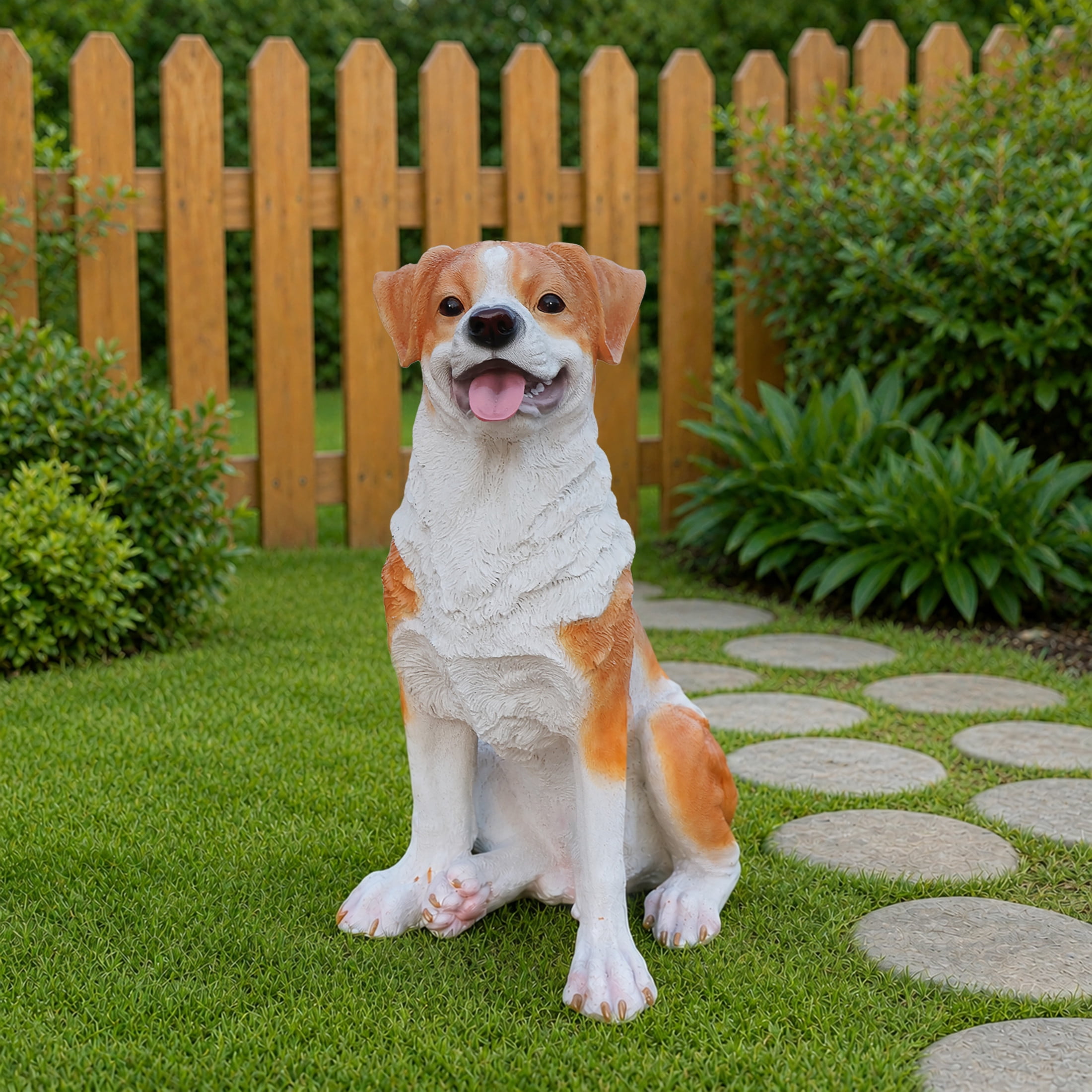 Noble House Lifelike Sitting Hound Dog Statue, Realistic Resin Animal Figurine for Outdoor Garden Decor, Brown White