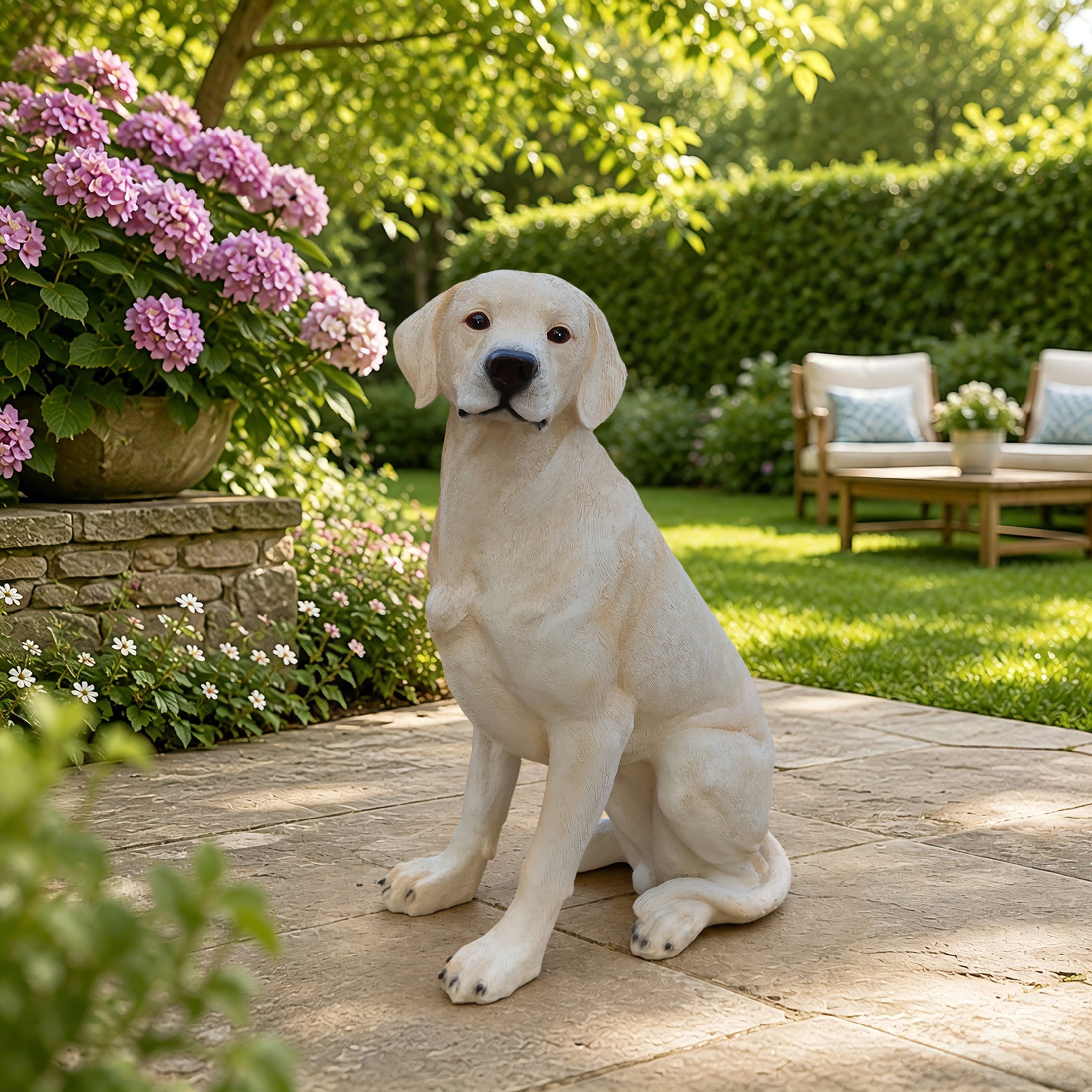 Noble House Lifelike Sitting Labrador Statue, Realistic Resin Animal Figurine for Outdoor Garden Decor, Yellow White