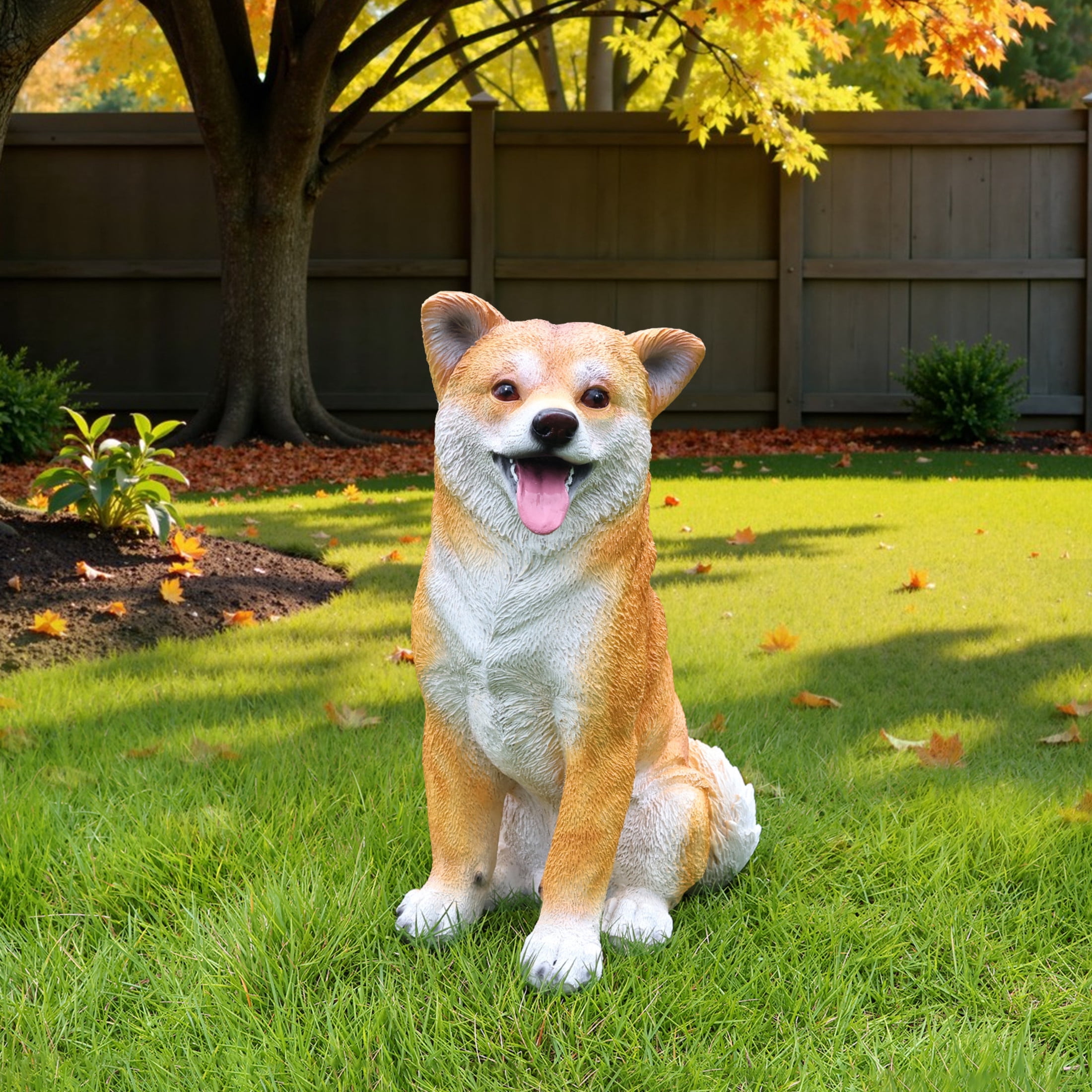Noble House Lifelike Sitting Shiba Inu Statue, Realistic Resin Animal Figurine for Outdoor Garden Decor, Brown White