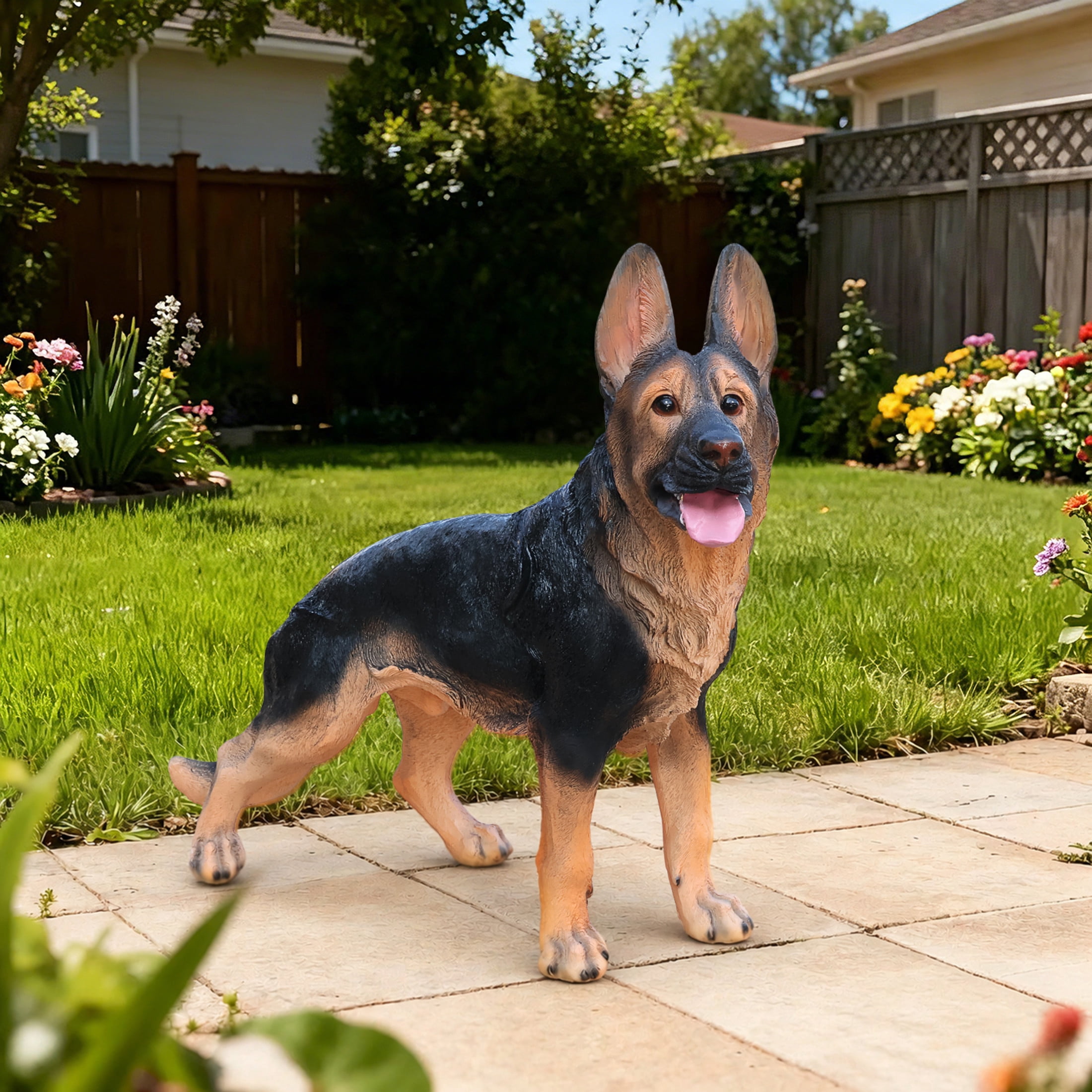 Noble House Lifelike Standing German Shepherd Dog Statue, Realistic Resin Animal Figurine for Outdoor Garden Decor, Black Brown