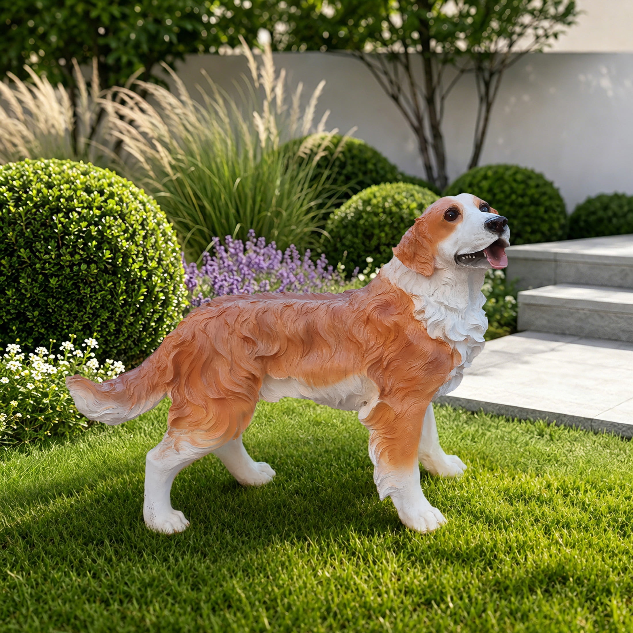 Noble House Lifelike Standing Hound Dog Statue, Realistic Resin Animal Figurine for Outdoor Garden Decor, Brown White