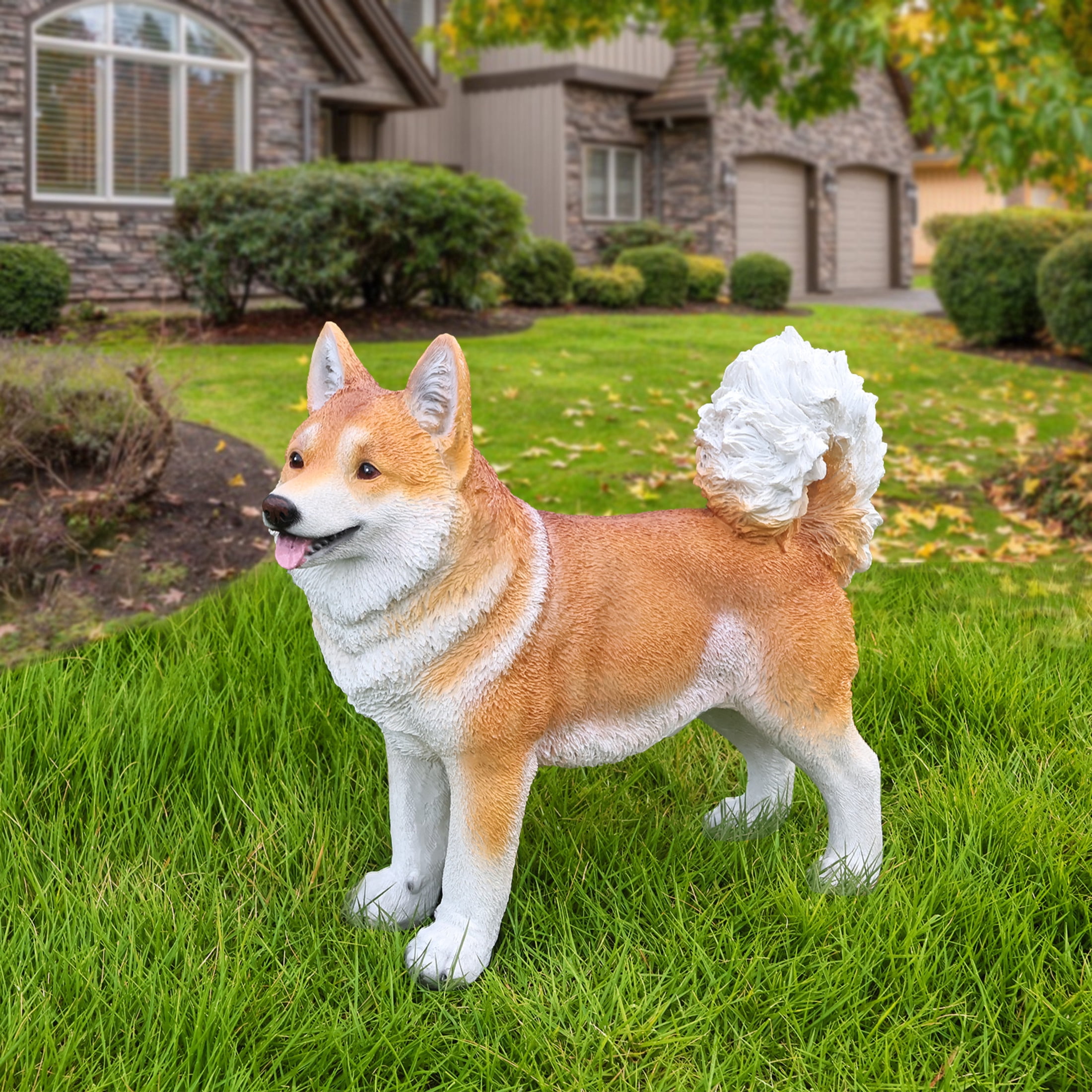Noble House Lifelike Staning Shiba Inu Statue, Realistic Resin Animal Figurine for Outdoor Garden Decor, Brown White