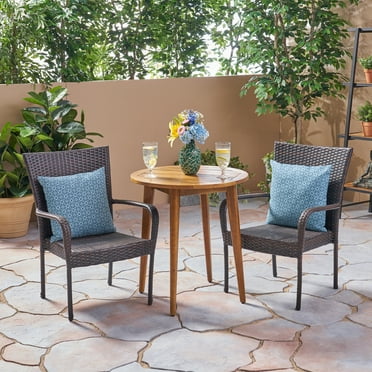 Noble House Linwood 3 Piece Outdoor Wood and Wicker Bistro Set in Teak