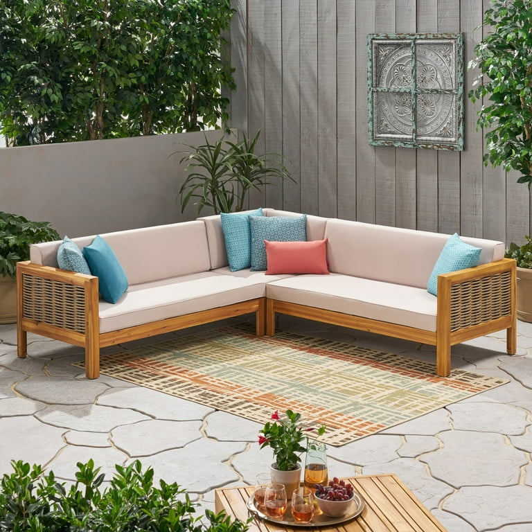 Noble House Linwood 3 Piece Outdoor Wood and Wicker Sectional Sofa Set in Beige