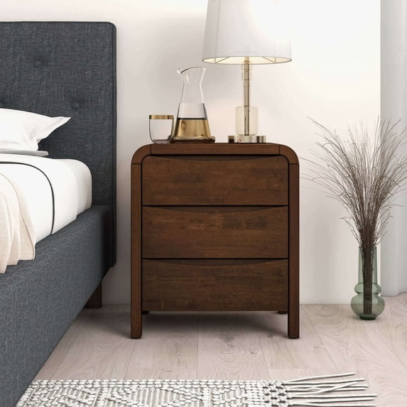 Noble House Lionel Mid-Century Modern Nightstand, Solid Wood Frame Storage Table with 3 Drawers for Bedroom, Brown