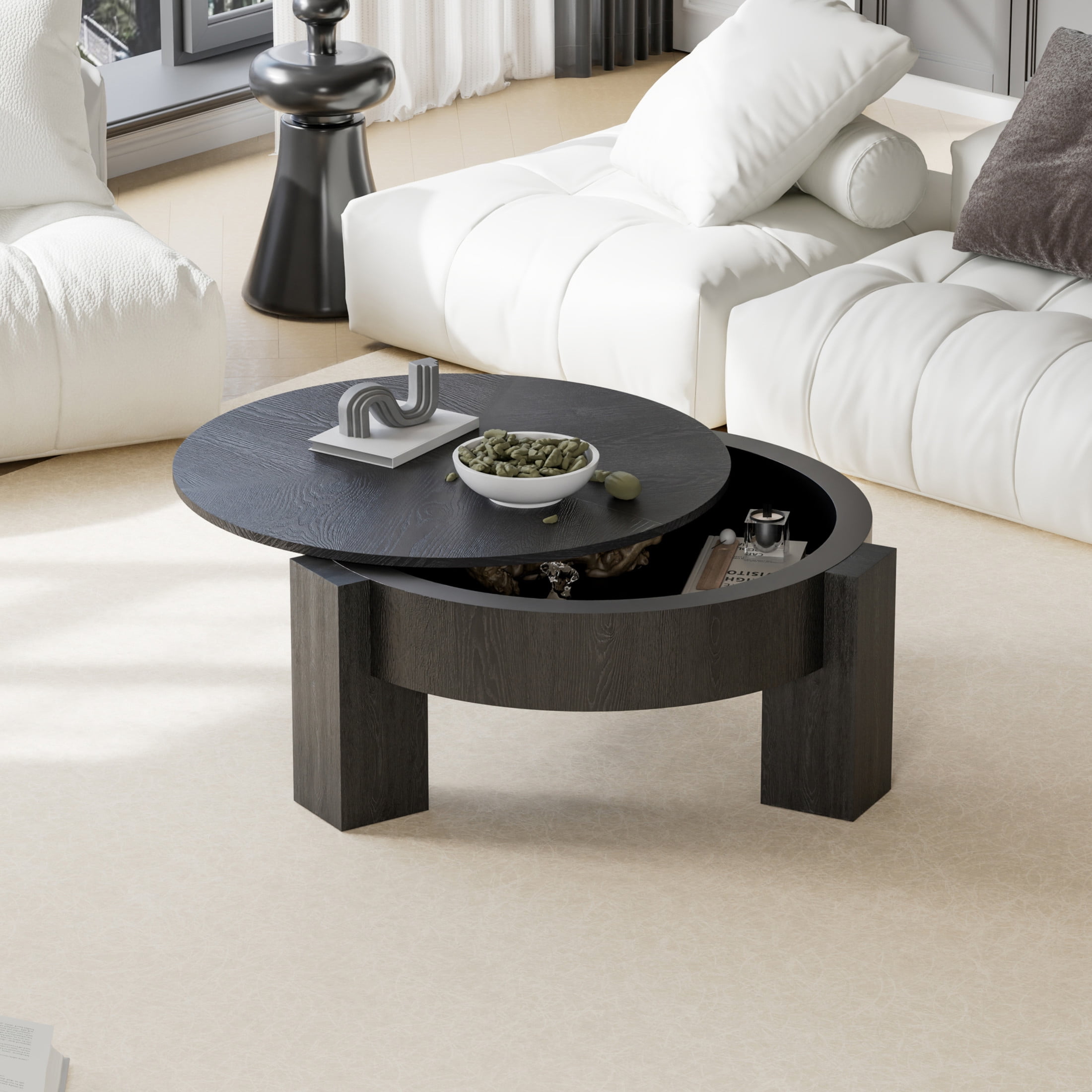 Noble House Lira 33" Round Coffee Table with Hidden Storage, Sturdy Accent Table for Living Room, Small Space, Black