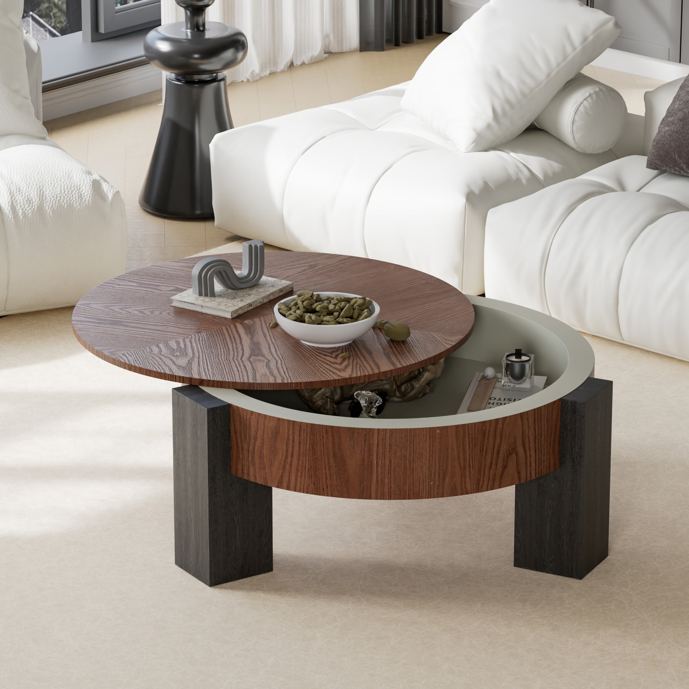 Noble House Lira 33" Round Coffee Table with Hidden Storage, Sturdy Accent Table for Living Room, Small Space, Walnut