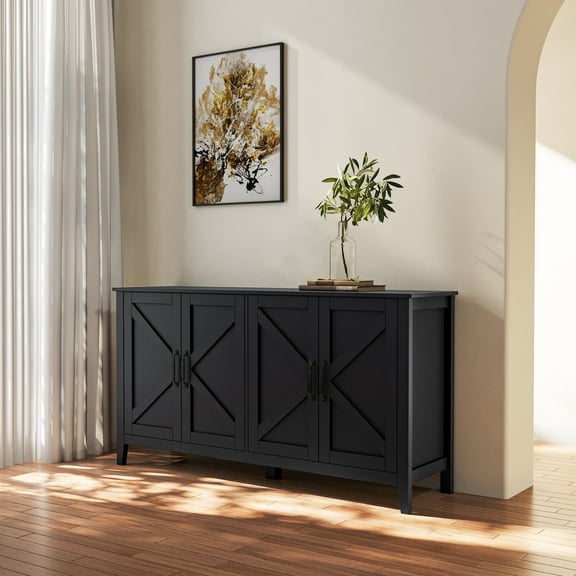 Noble House Lira 59" Contemporary 4-Door Storage Cabinet, Open Shelves Wooden Sideboard, Melamine Finish, Black