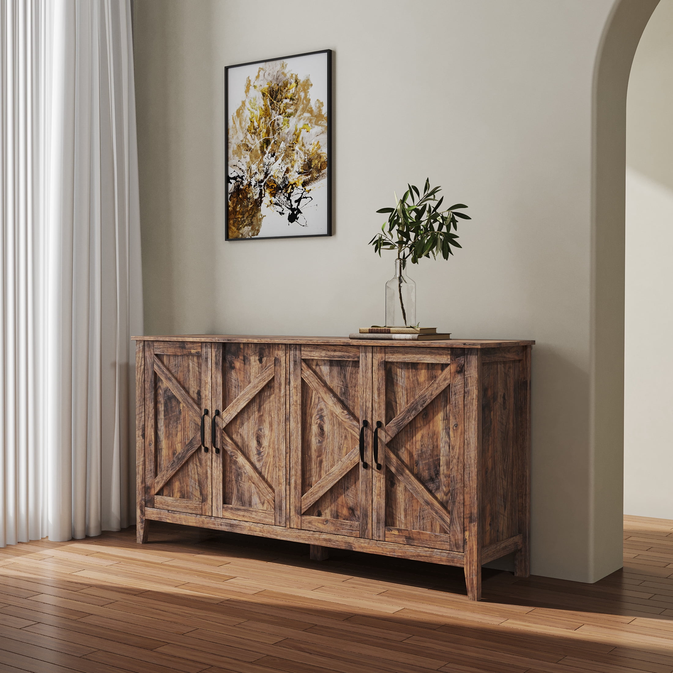 Noble House Lira 59" Contemporary 4-Door Storage Cabinet, Open Shelves Wooden Sideboard, Melamine Finish, Espresso
