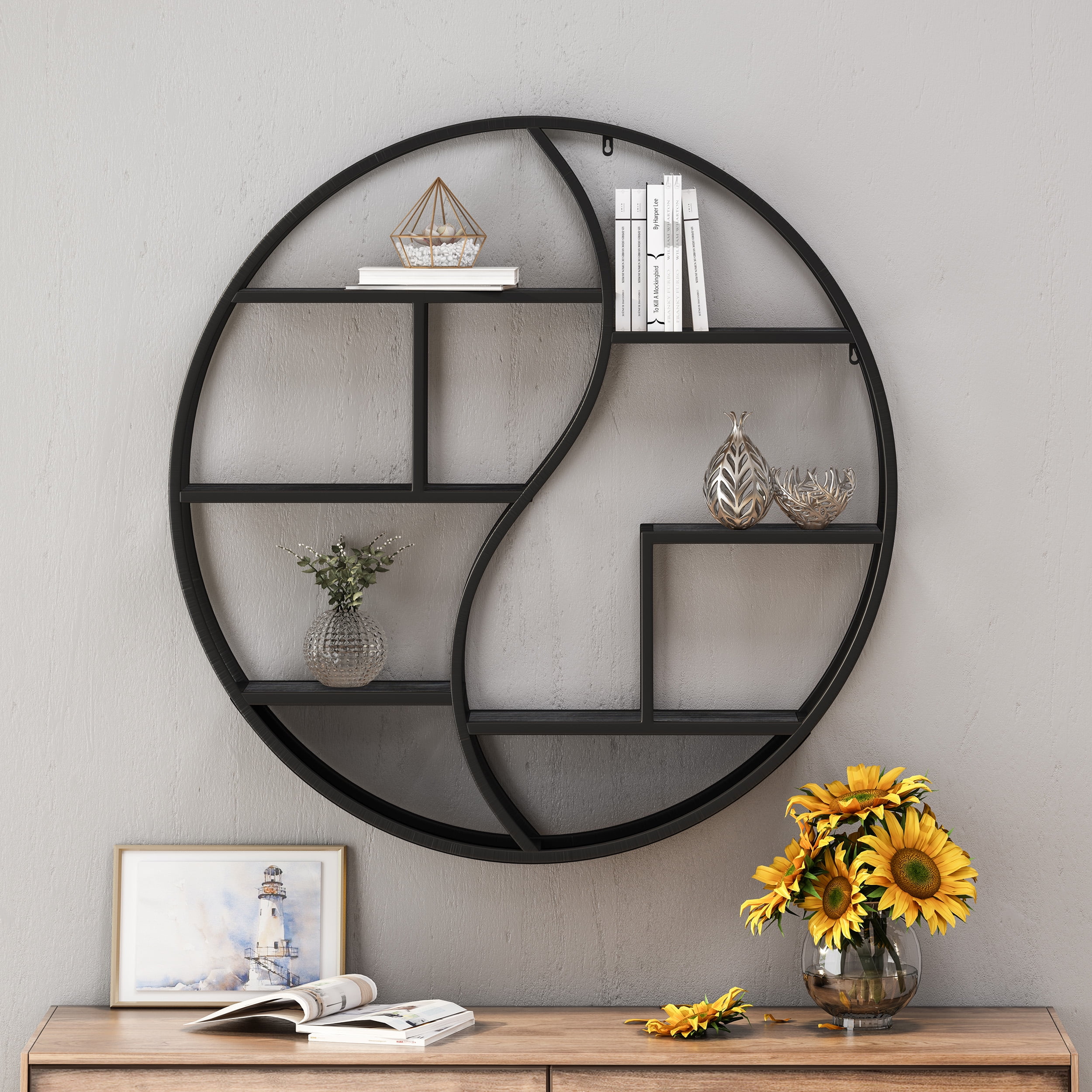 Noble House Liv Industrial Circular Firwood Hanging Wall Shelf, Gray and Pewter