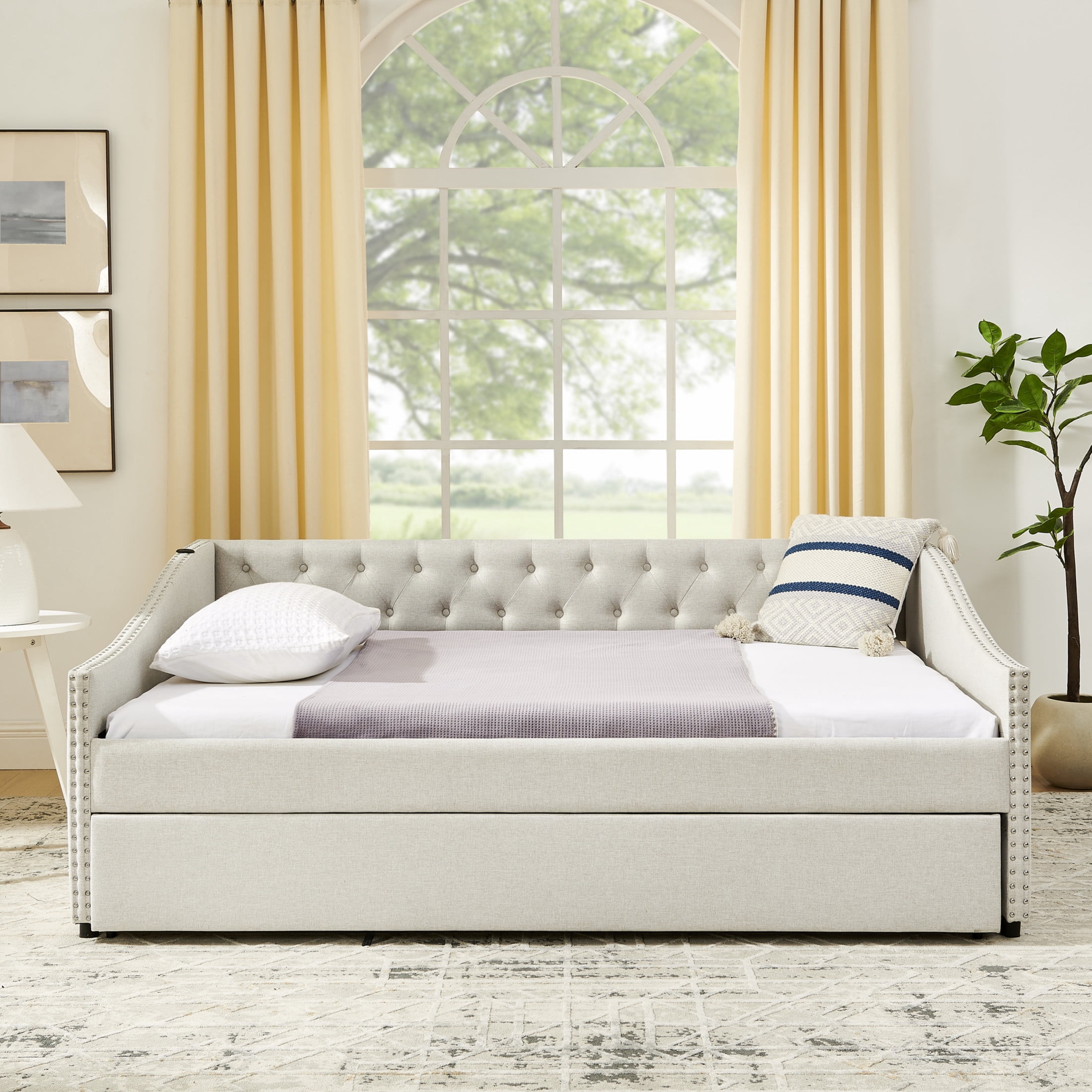 Noble House Liza Full Size Upholstered Tufted Daybed, Extendable Pull-out Double Bed Frame with Charging Port, Beige