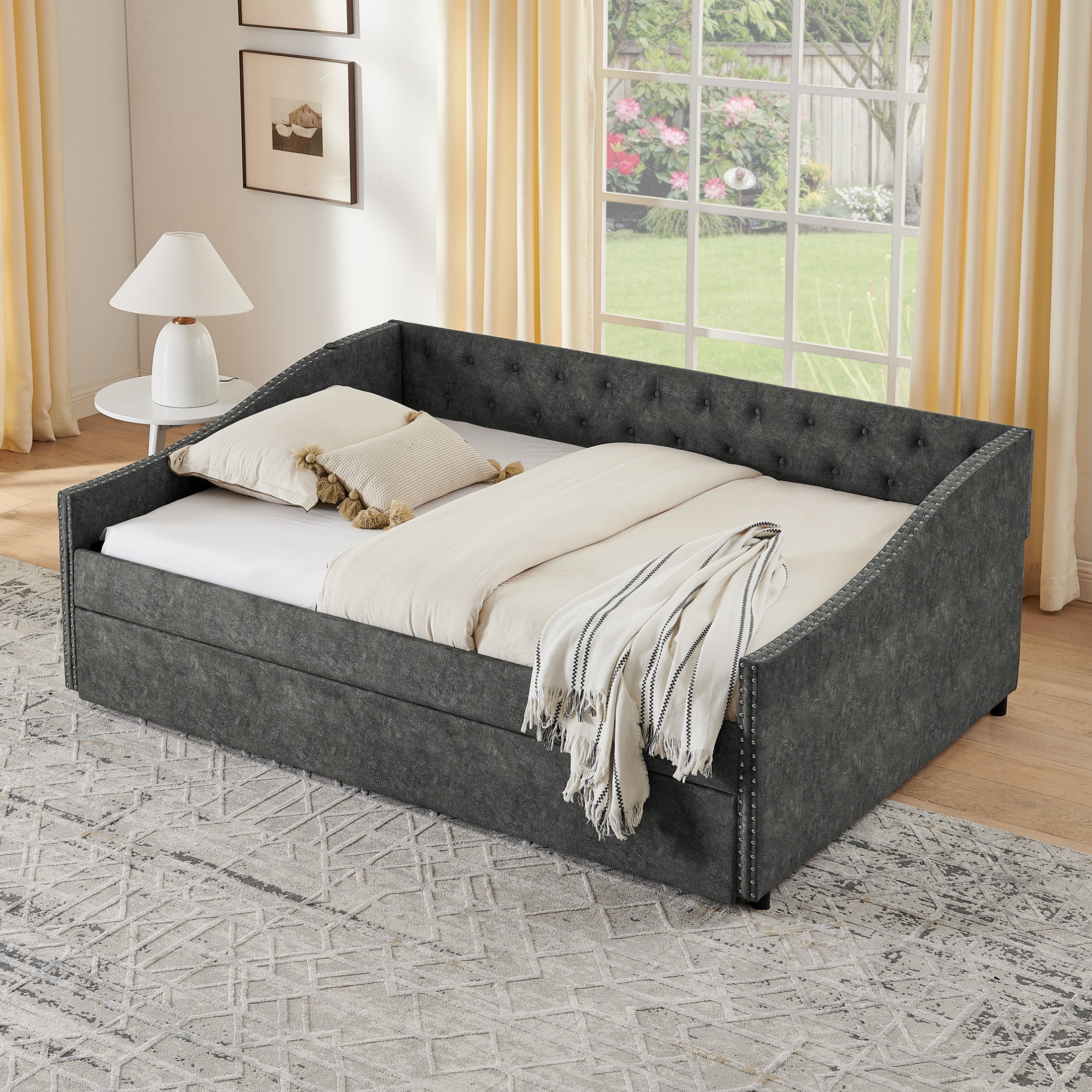 Noble House Liza Full Size Upholstered Tufted Daybed, Extendable Pull-out Double Bed Frame with Charging Port, Grey