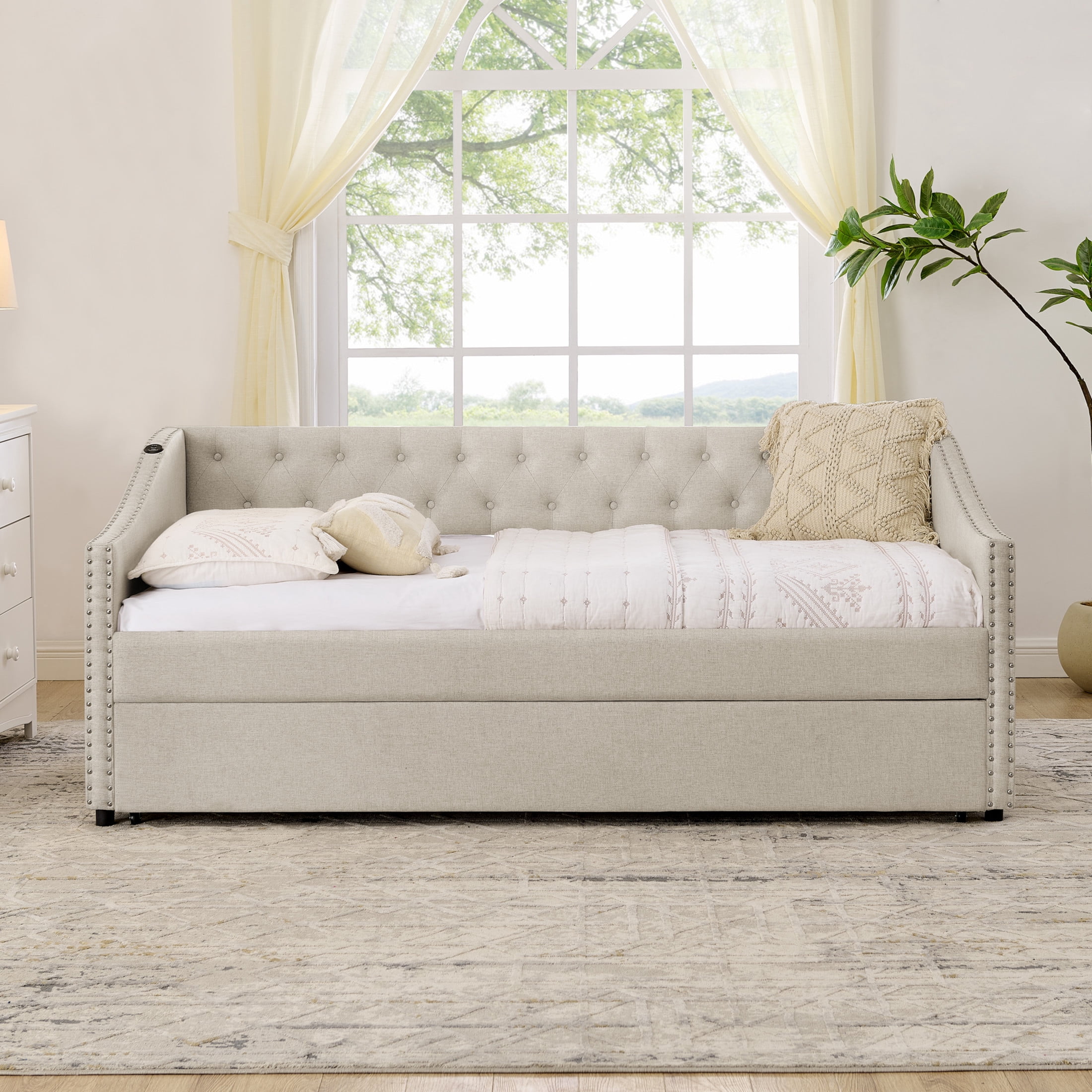 Noble House Liza Twin Size Upholstered Tufted Daybed, Extendable Pull-out Double Bed Frame with Charging Port, Beige