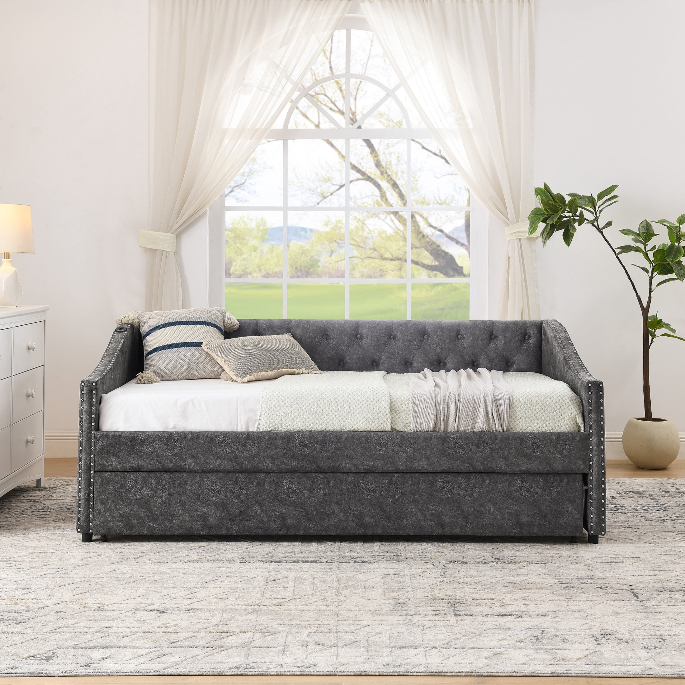 Noble House Liza Twin Size Upholstered Tufted Daybed, Extendable Pull-out Double Bed Frame with Charging Port, Grey