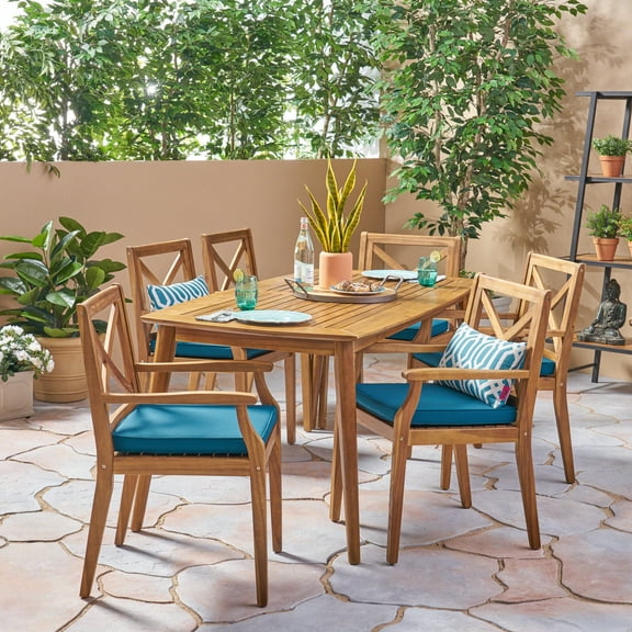 Noble House Llando 7 Piece Wooden Patio Dining Set in Teak and Blue