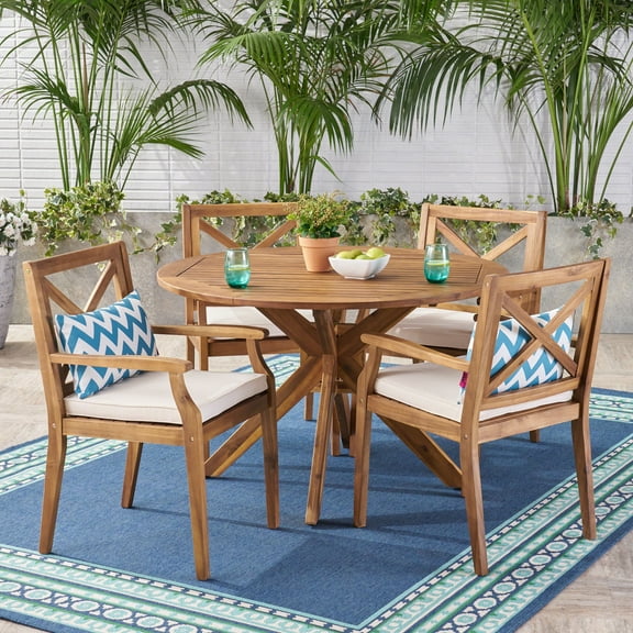 Noble House Llano 5 Piece Wooden Round Patio Dining Set in Teak and Creme