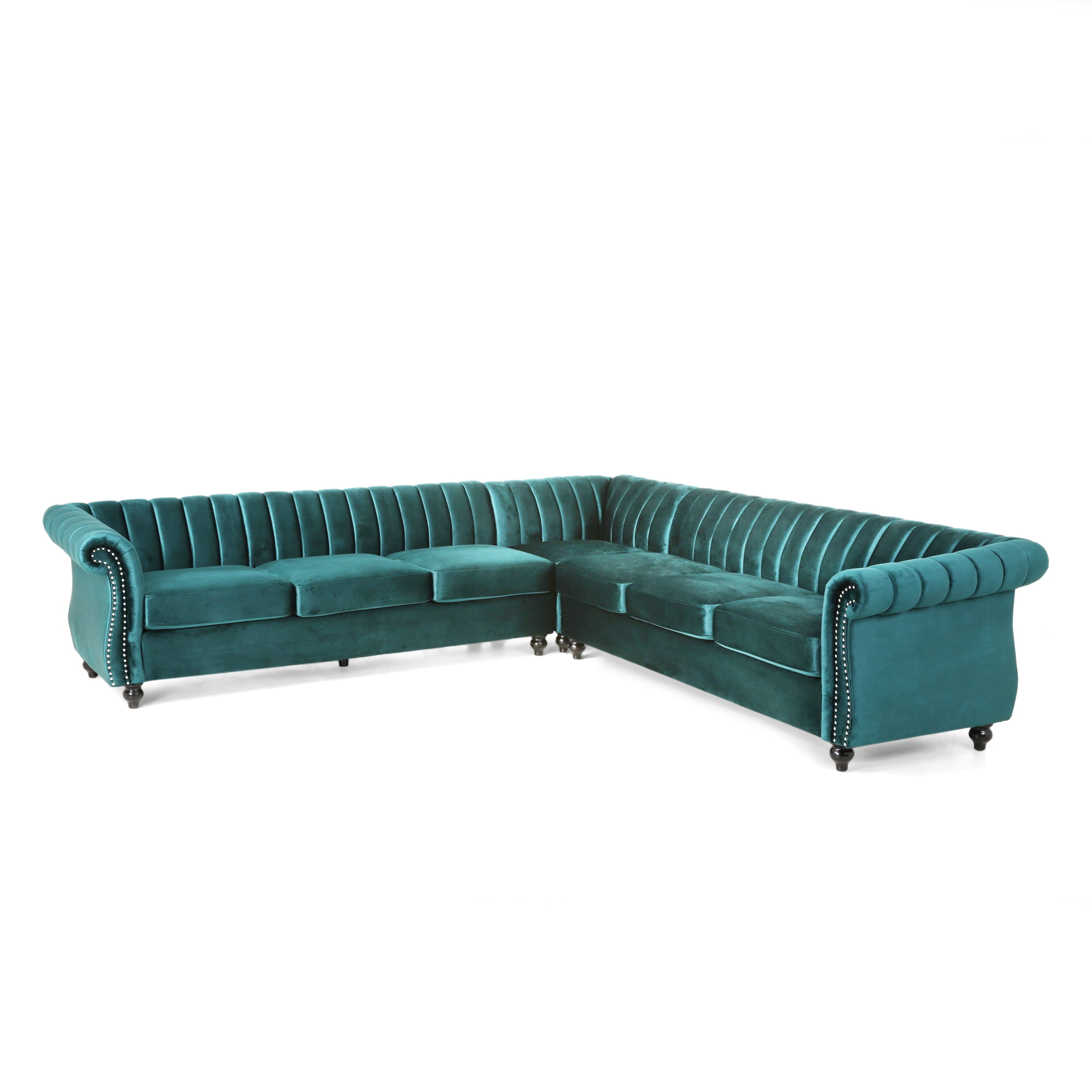 Noble House Lockbourne Velvet Channel Stitch Sectional Sofa Set, Teal