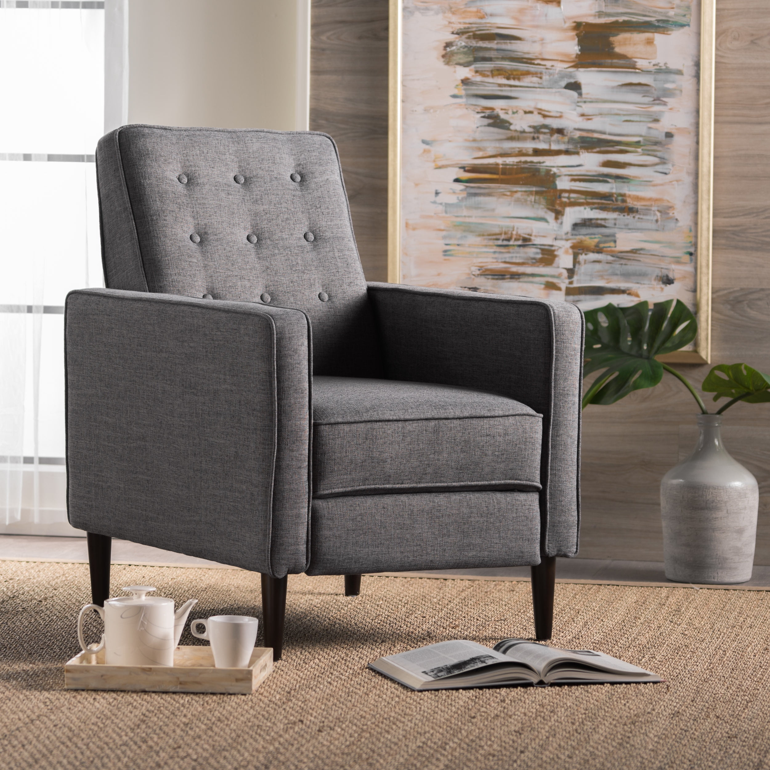 Noble House Logan Indoor Mid Century Modern Grey Fabric Recliner
