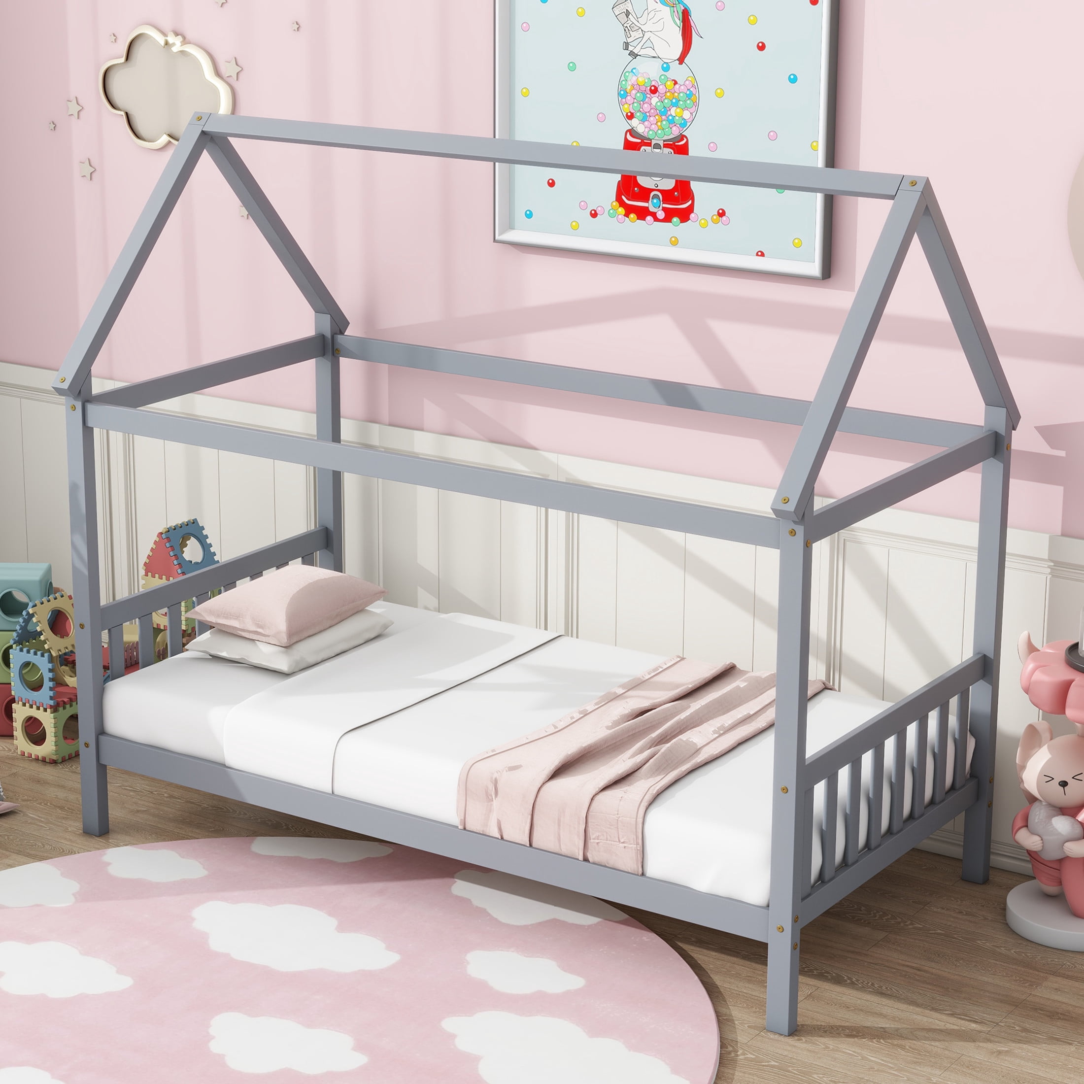 Noble House Lois Twin House Canopy Bed, Rubber Wood Frame with House-Shaped Design and Headboard Footboard, Light Grey