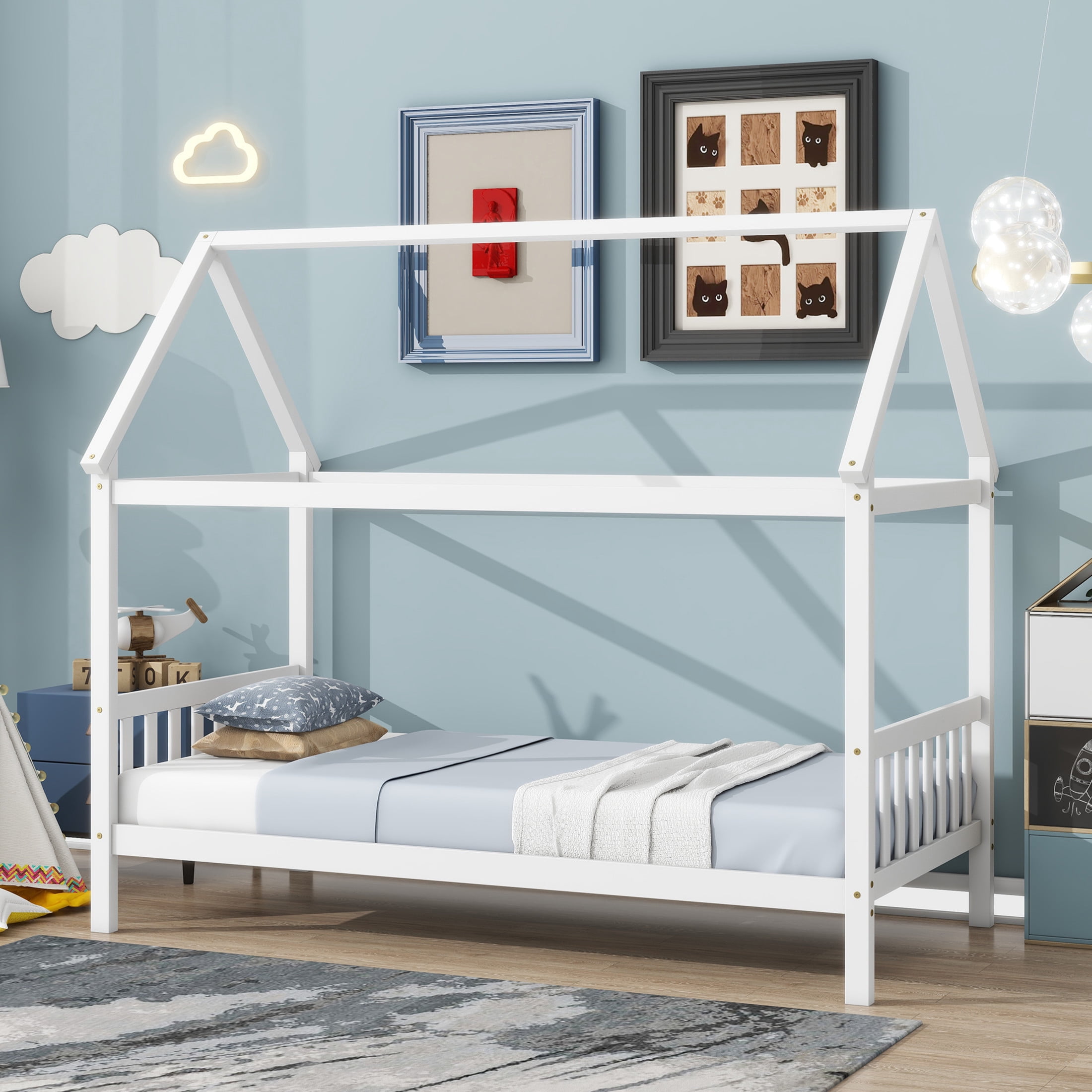Noble House Lois Twin House Canopy Bed, Rubber Wood Frame with House-Shaped Design and Headboard Footboard, White