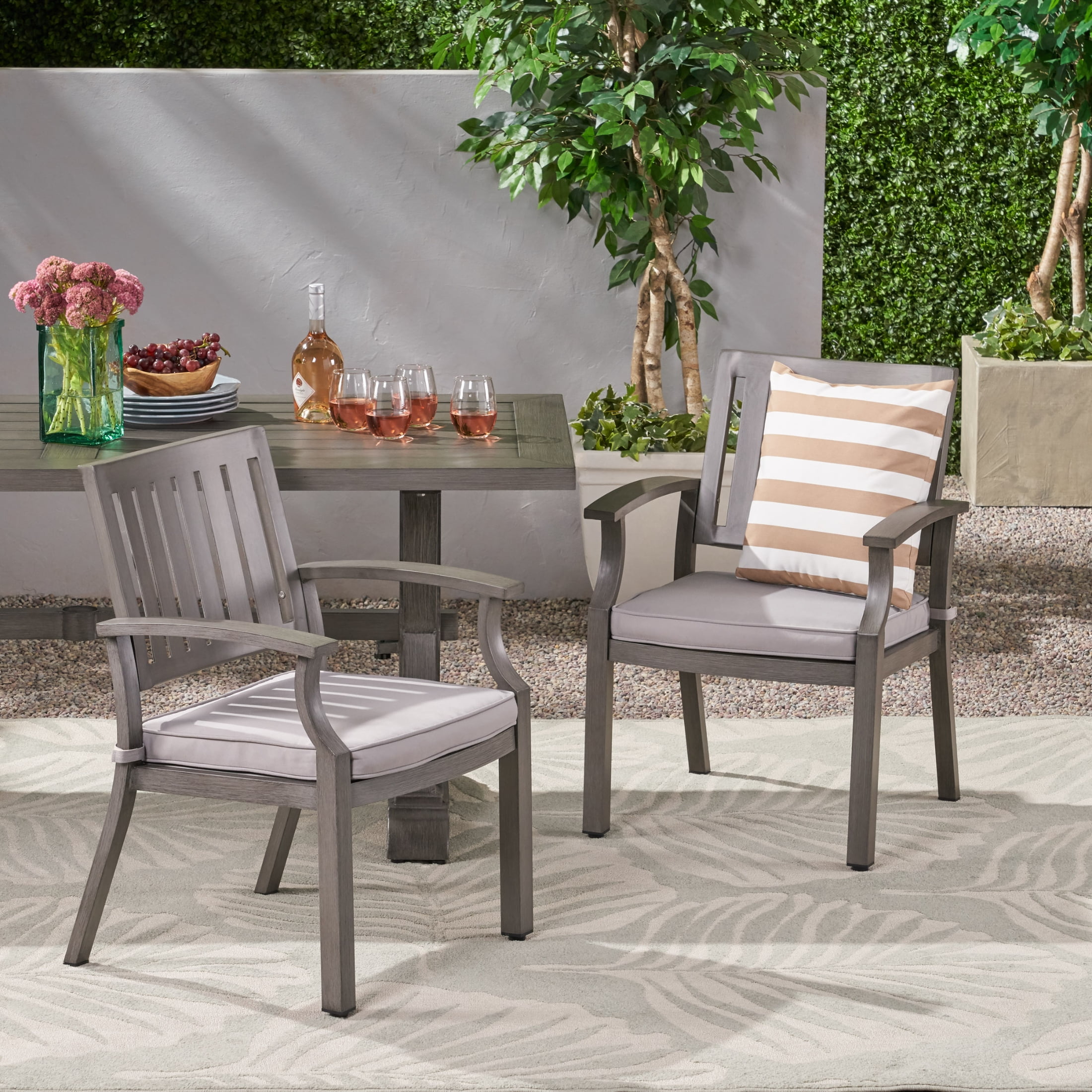 Gray Aluminum Outdoor Dining Armchair with Silver Cushions
