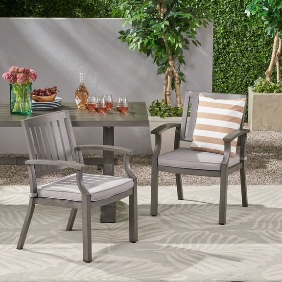 Noble House Lombok Aluminum Patio Dining Arm Chair in Gray and Silver (Set of 2)