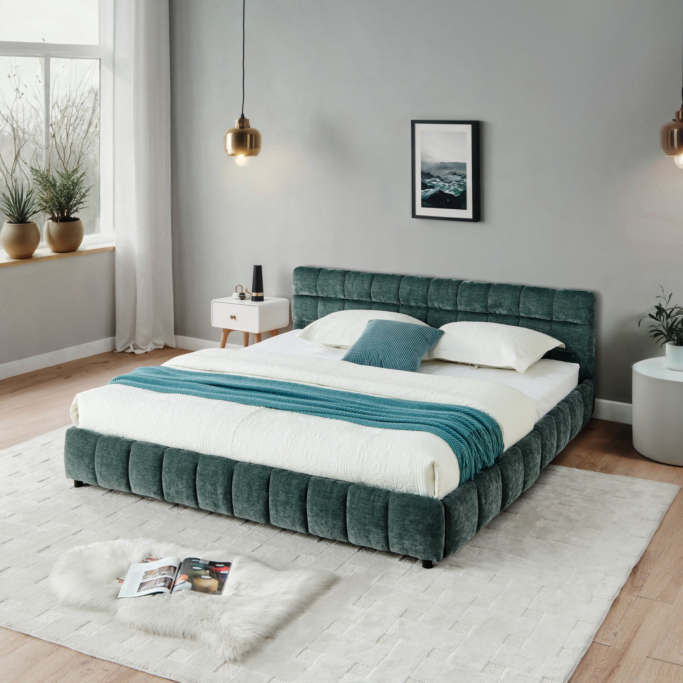 Noble House Lornic 91" California King Upholstered Bed, Chenille Grounded Platform Bed with Storage Drawer, Green