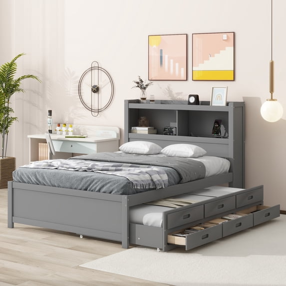 Noble House Lornic Full Size Platform Bed with Trundle and Drawers, Charging Station and Storage Shelves, Gray