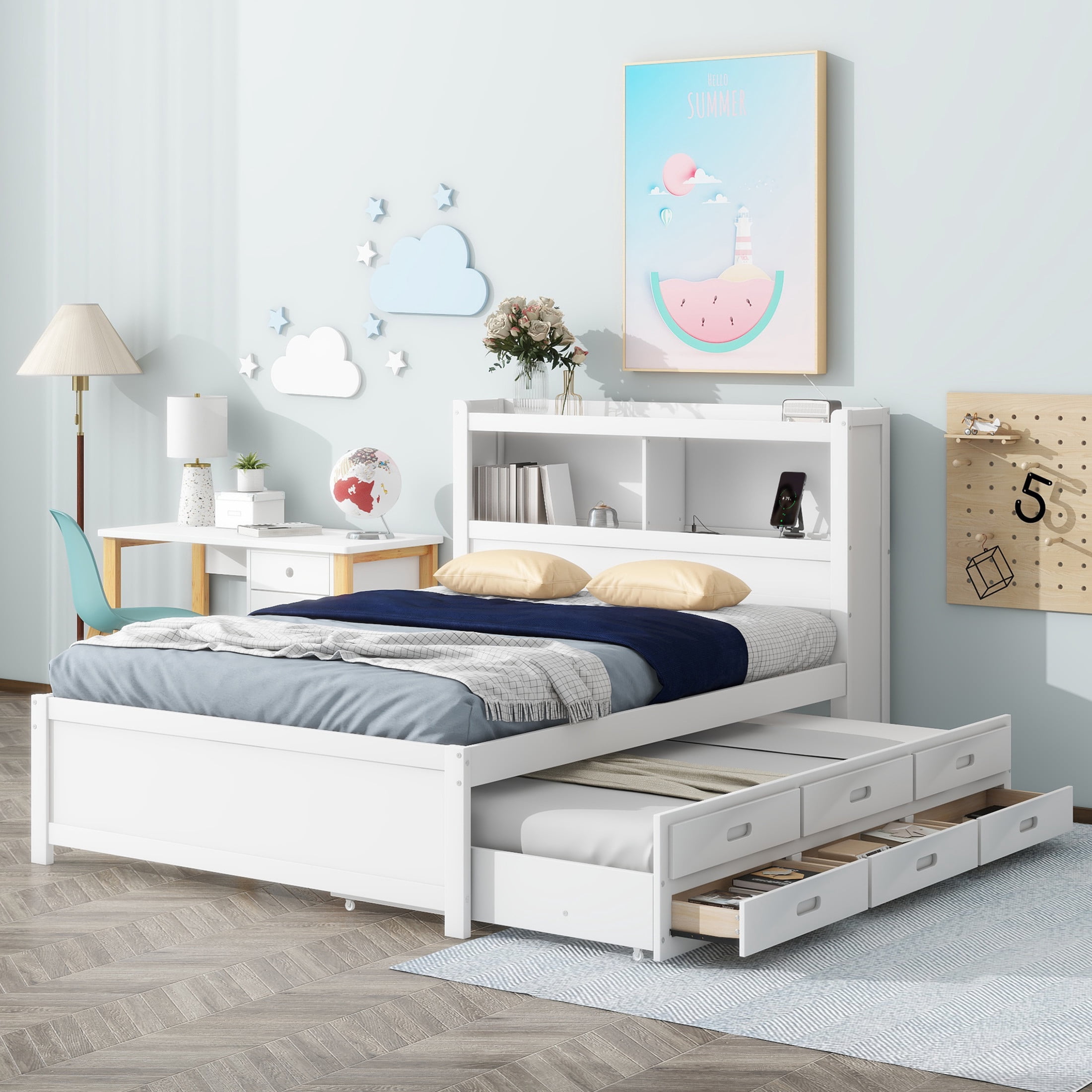 Noble House Lornic Full Size Platform Bed with Trundle and Drawers, Charging Station and Storage Shelves, White