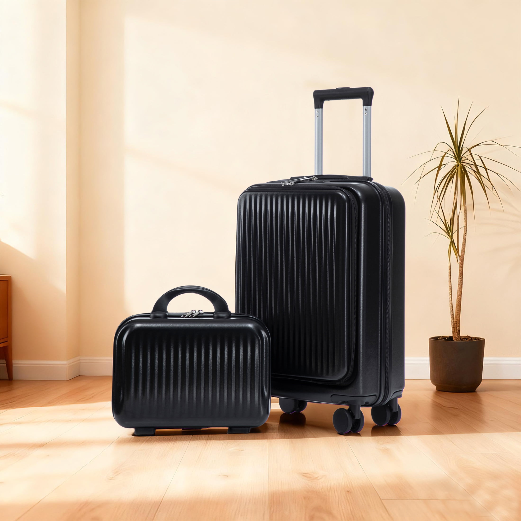Noble House Lorven 2-Piece ABS Spinner Luggage Set, 20" Carry-On Suitcase and Cosmetic Case, Combination Lock, Deep Black