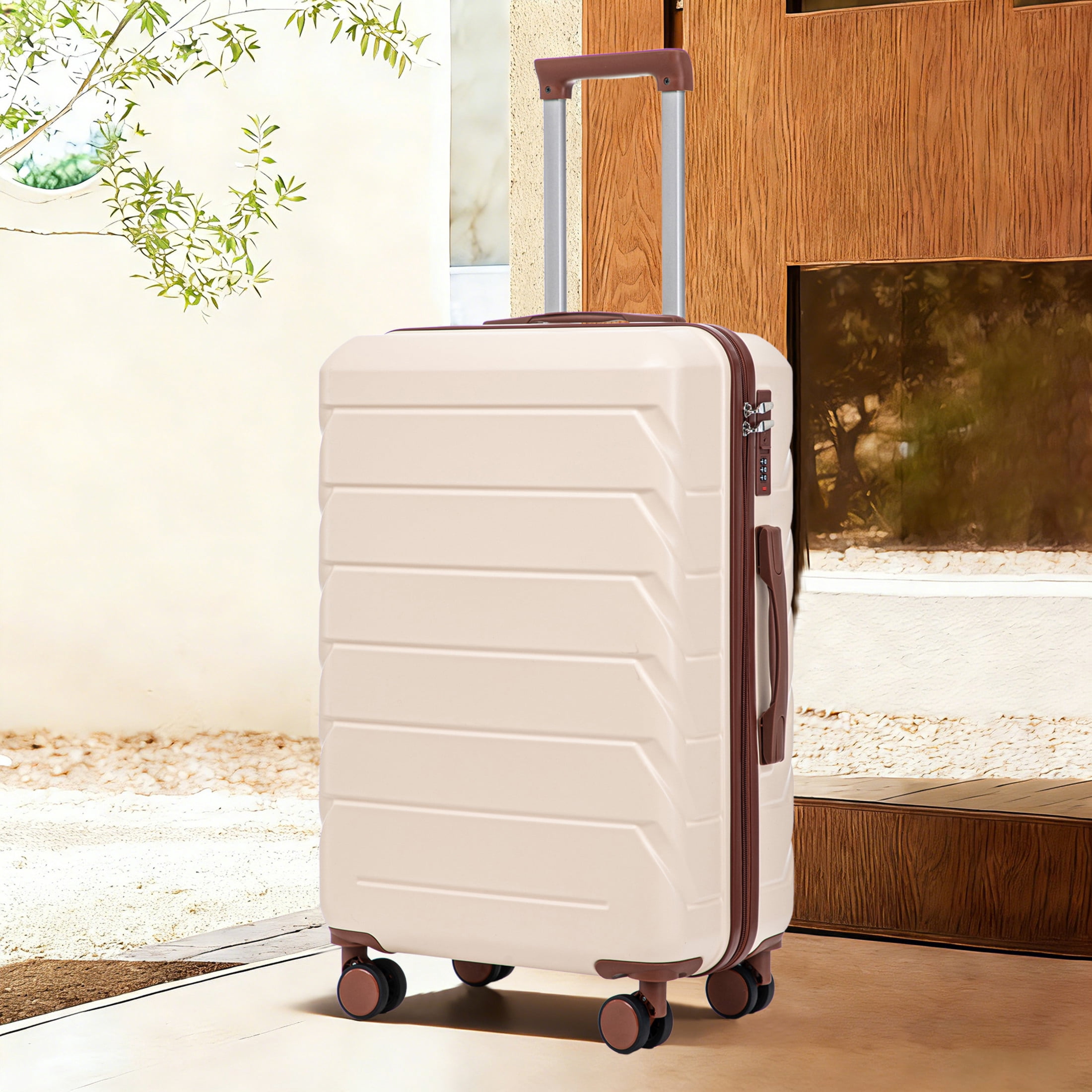 Noble House Lorven 28" ABS Hardshell Large Travel Checked Luggage with Side Hooks and Combination Lock, Beige