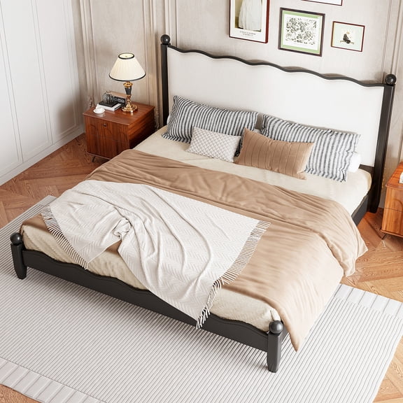 Noble House Lorven Queen Size Platform Bed with Scalloped Upholstered Headboard, Pine Wood Frame, Beige & Black